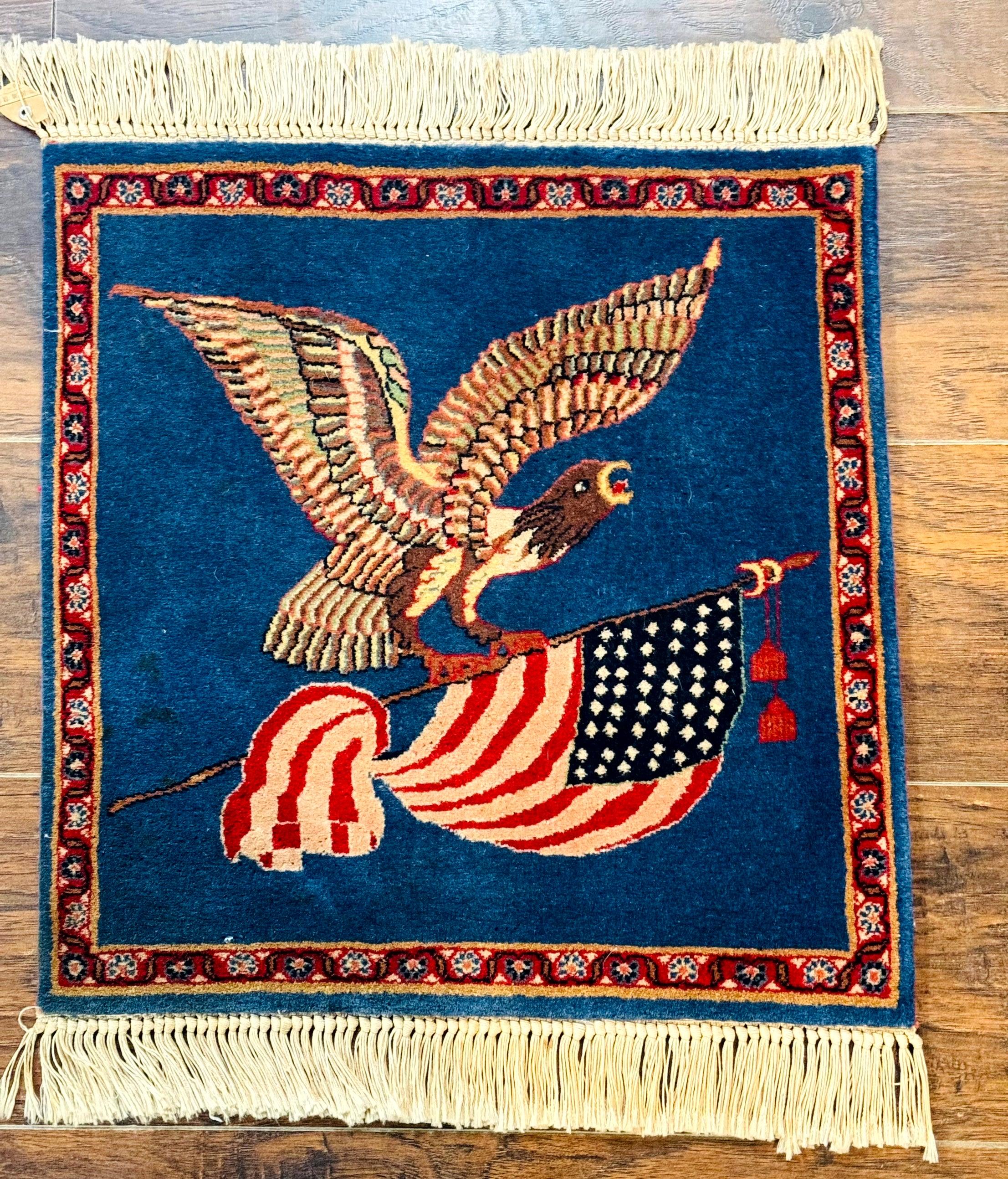 Pictorial Rug of American Flag with Bald Eagle, Small Indo Persian Pictorial Rug, Blue, Handmade, Very Fine 330 KPSI - Jewel Rugs