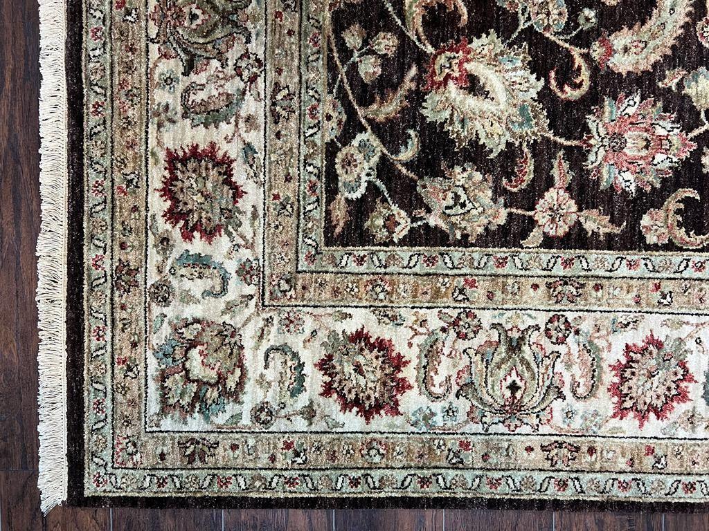 Indo Persian Rug 9x12, Vintage Indian Oriental Carpet 9 x 12 ft, Brown and Cream Hand Knotted Area Rug, Floral Allover Wool Traditional Rug - Jewel Rugs