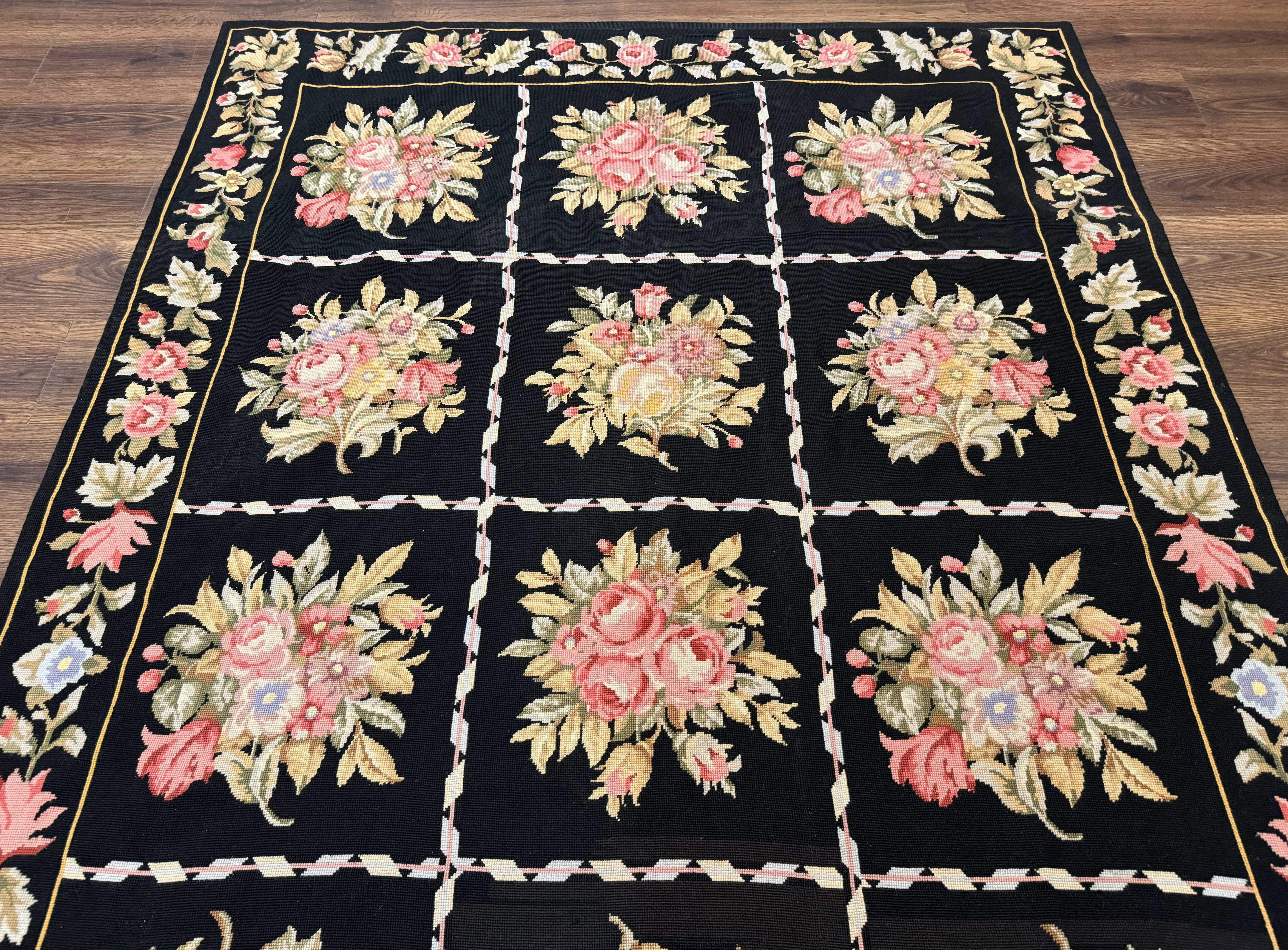 Black Floral Needlepoint Rug 5x9, European Panel Design, Vintage Carpet - Jewel Rugs