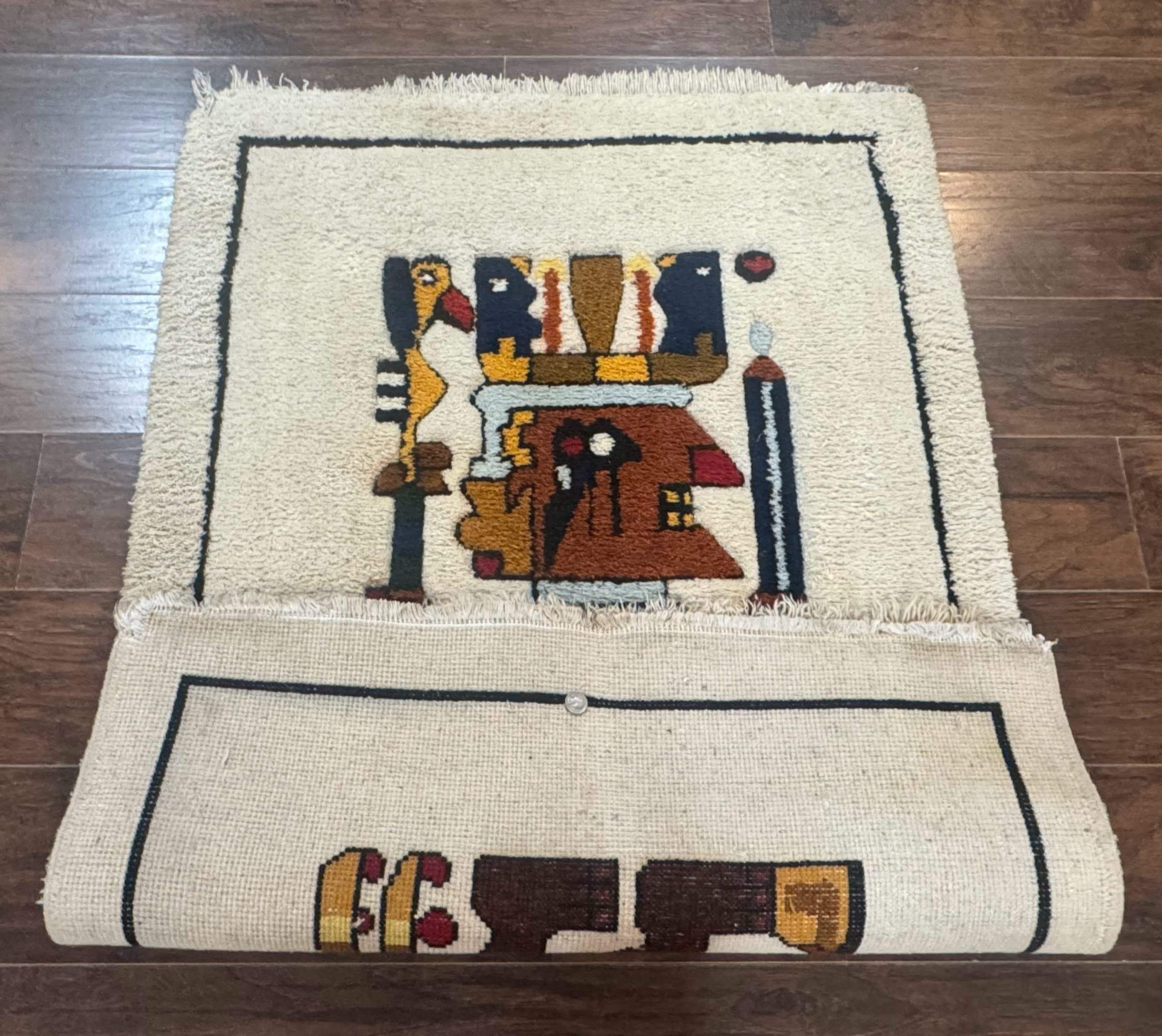 South American Shag Rug 3x5 – Ivory, Pictorial, Vintage Peruvian Native American Wool Rug - Jewel Rugs
