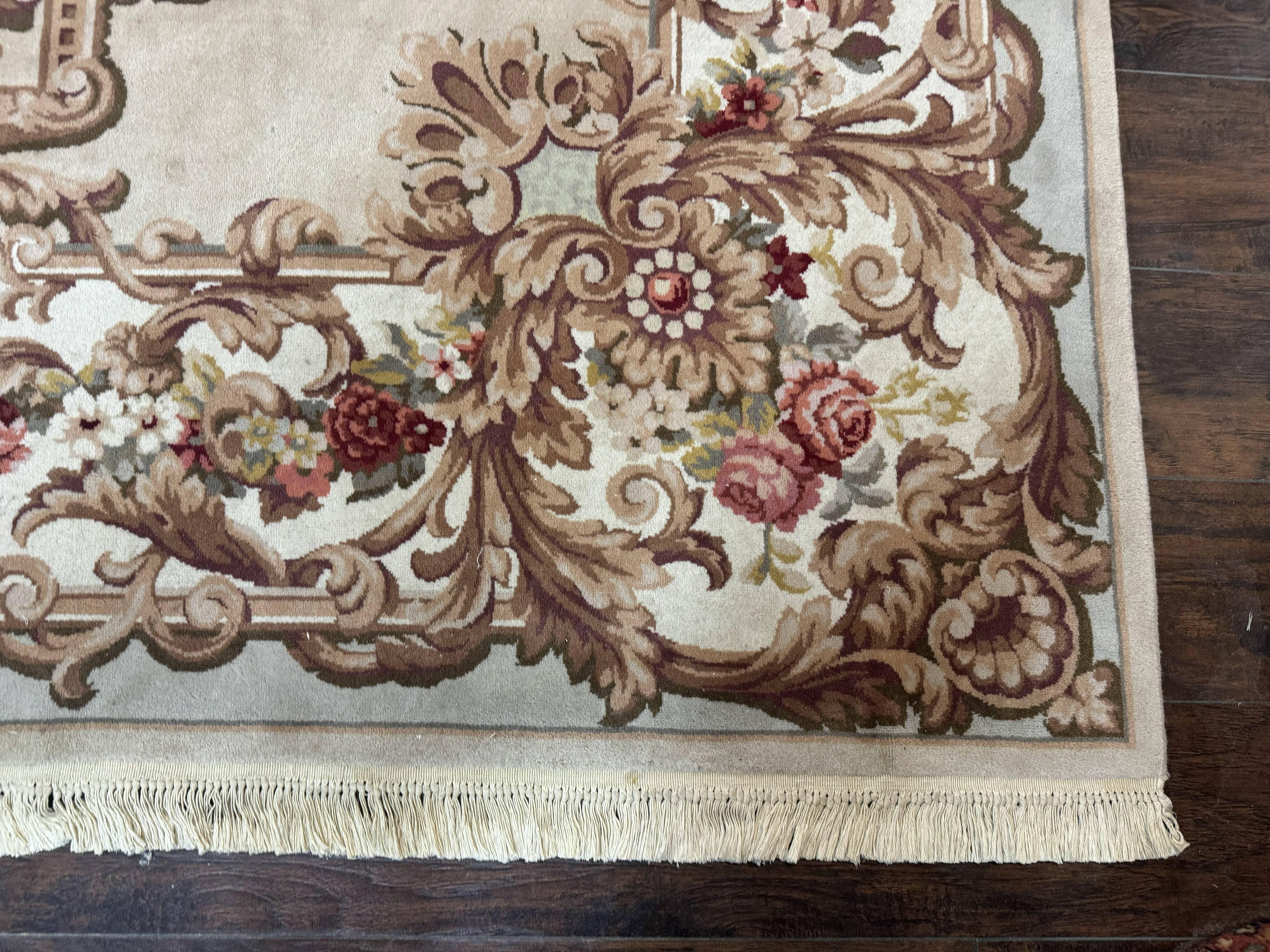 Aubusson Rug 8x12, European French Savonnerie Design, Thick Wool Pile, Elegant Rug, Cream Beige Light Green - Jewel Rugs
