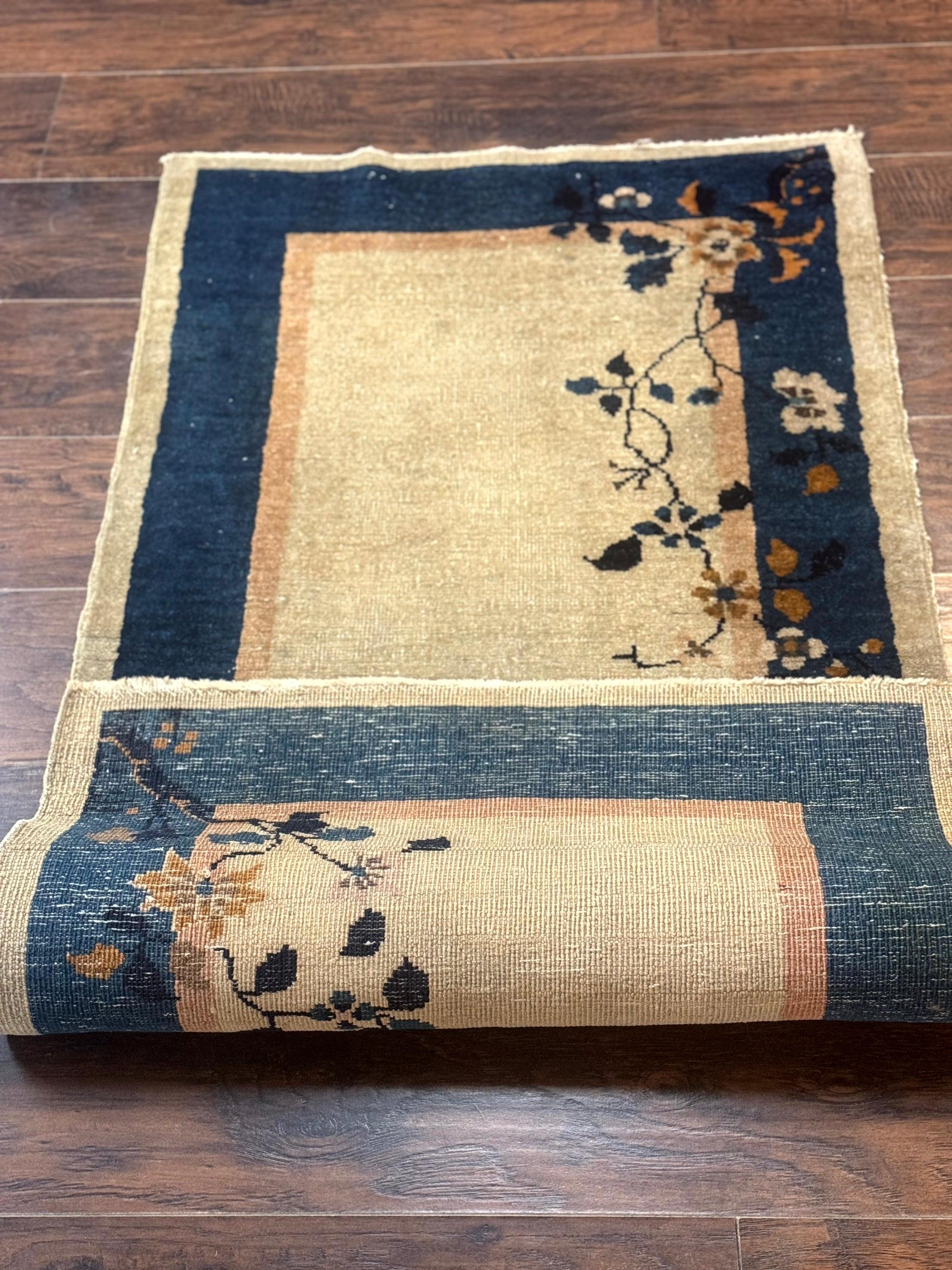 Antique Chinese Wool Rug 2.7 x 5, Simple Design, Peking Carpet, 1920s Rug, Beige and Blue, Floral - Jewel Rugs