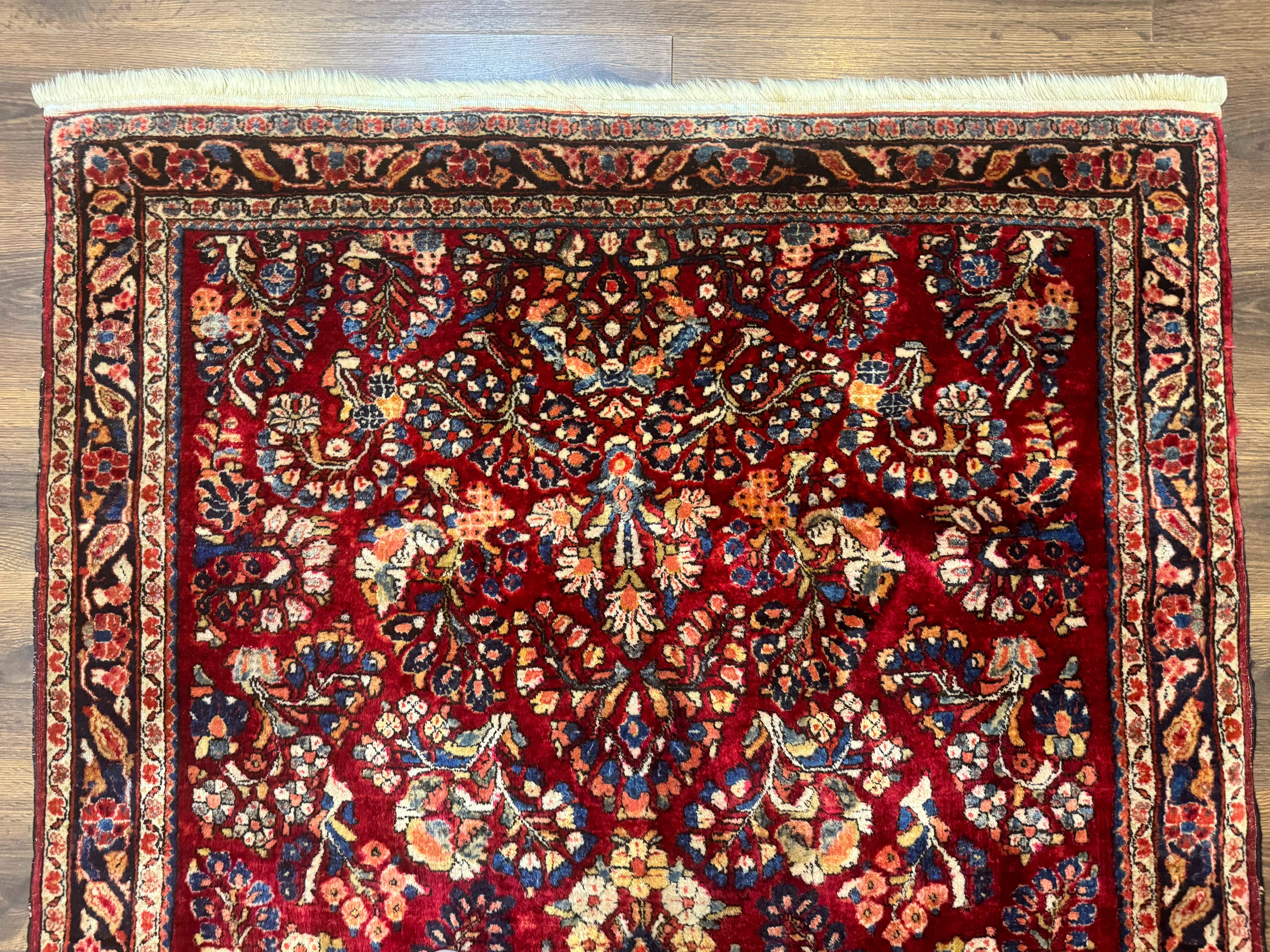 Antique Persian Sarouk Rug 4x6, Floral, Red, Wool Hand Knotted Fine 225 KPSI - Jewel Rugs