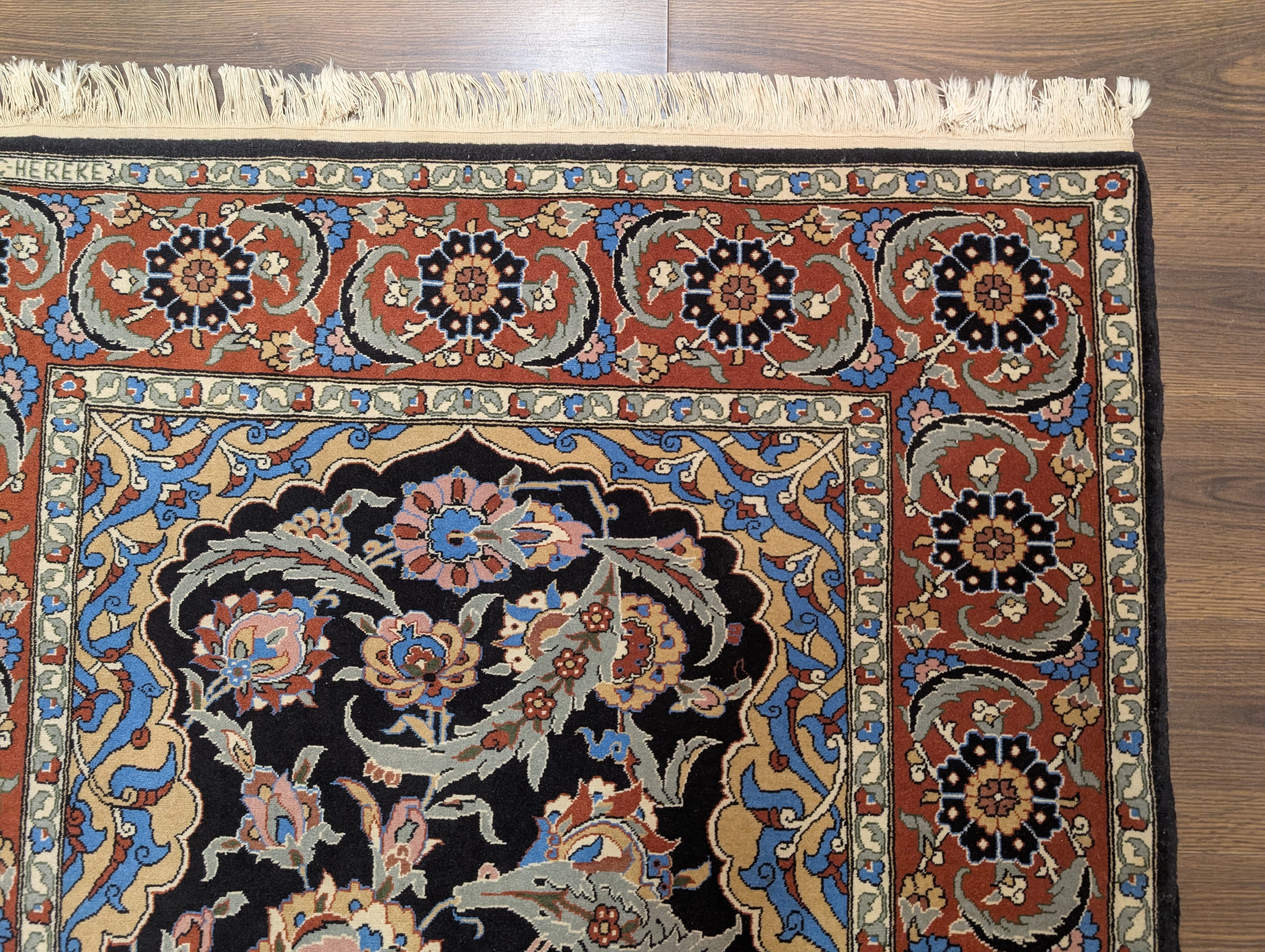 Turkish Hereke Rug 4x7, Kork Wool, Hand-Knotted Blue Carpet, Signed, 225 KPSI - Jewel Rugs