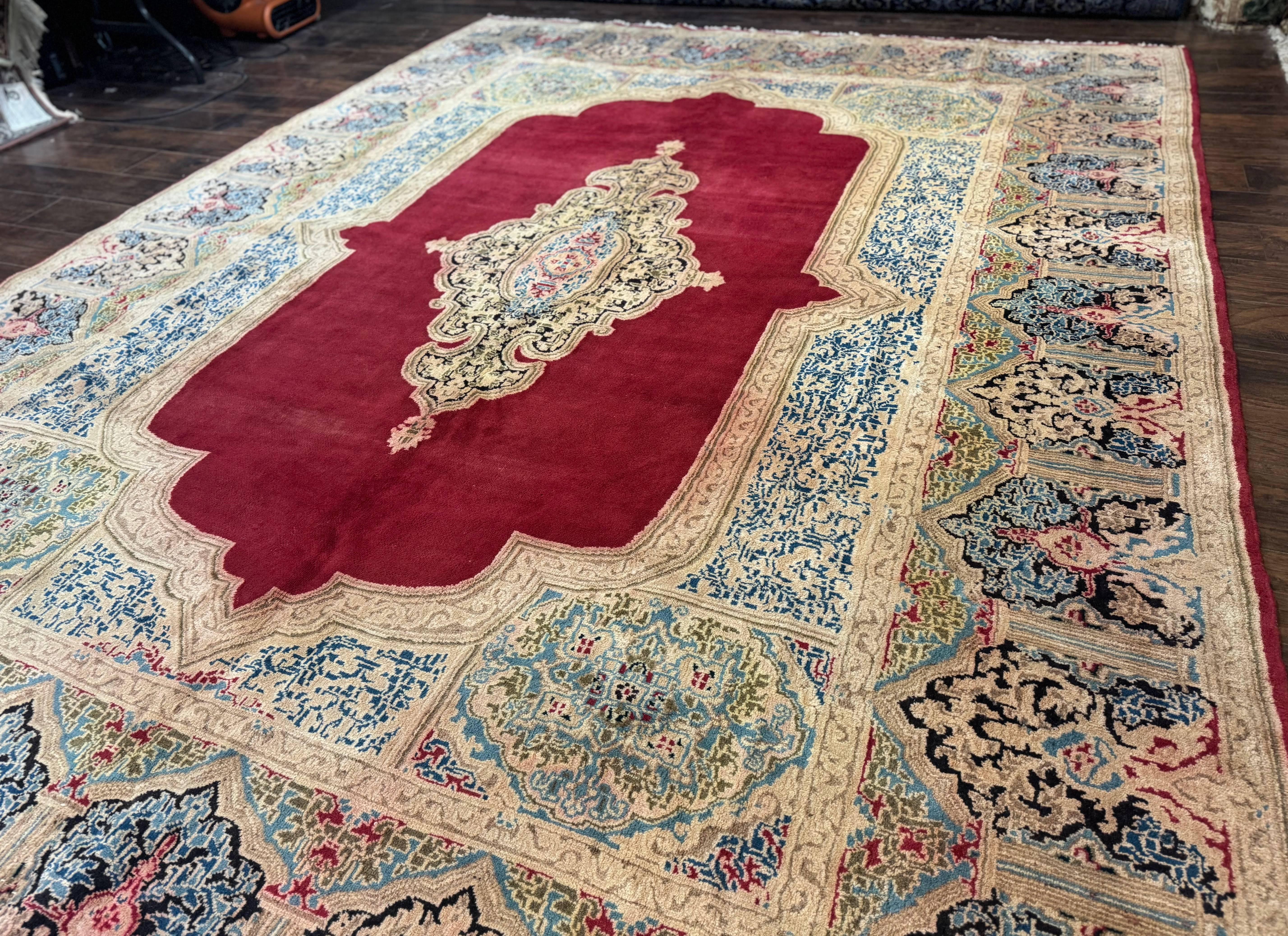 Large Persian Kerman Rug 10x13, Semi Open Field, Red Blue Tan, Handmade Persian Carpet, Antique - Jewel Rugs