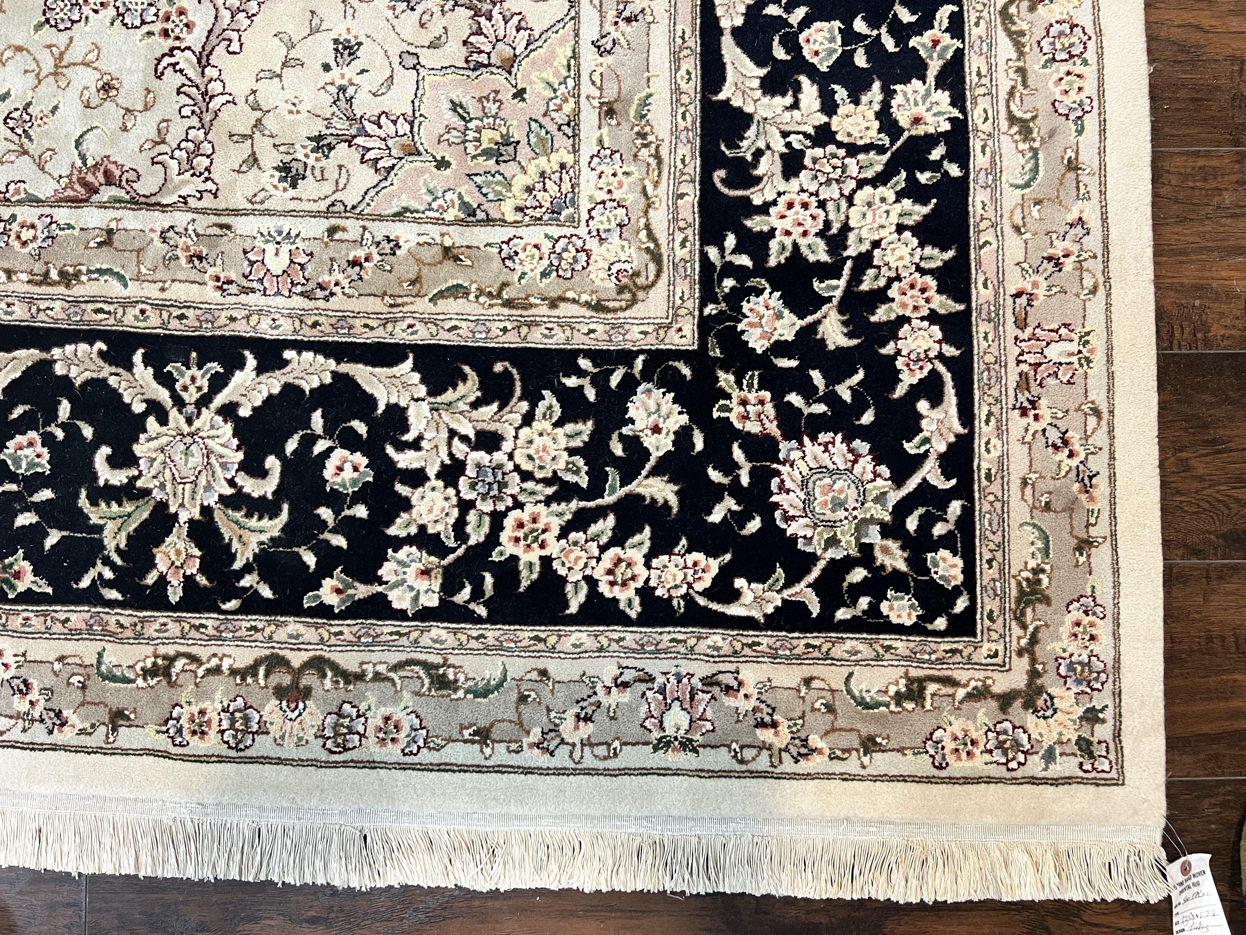 Sino Persian Rug 12x15, Ivory and Black, Floral Medallion Carpet, Large Palace Size Oriental Rug, Wool and Silk Highlights, Vintage Rug - Jewel Rugs