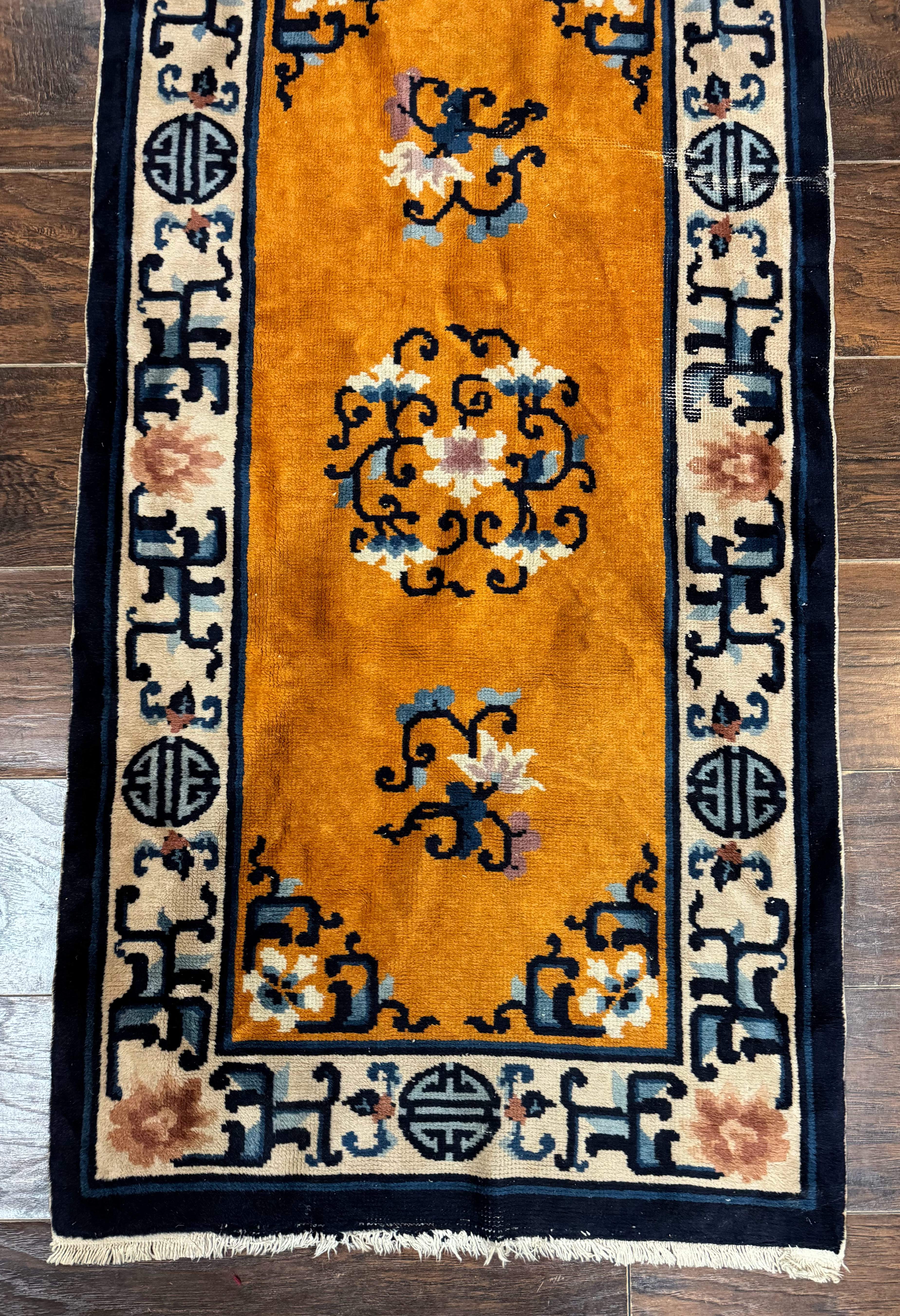 Chinese Peking Runner Rug 2x15 – Orange Ivory & Blue, Hand-Knotted Wool Antique Runner - Jewel Rugs