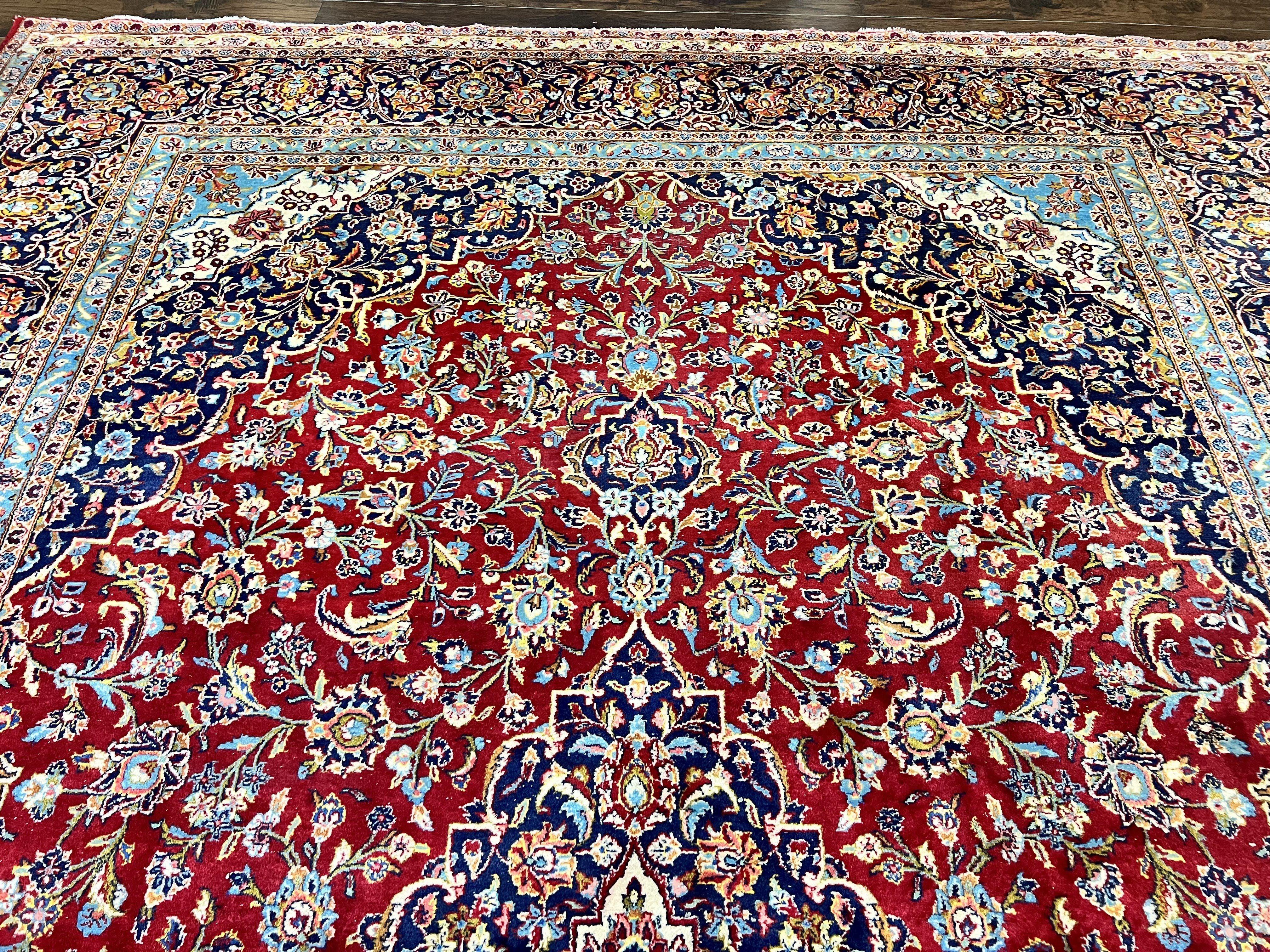 Persian Kashan Rug 10x14, Wool Hand Knotted Vintage Carpet, Red & Navy Blue Floral Allover Rug, Traditional Oriental Rug 10 x 14, Semi Antique - Jewel Rugs