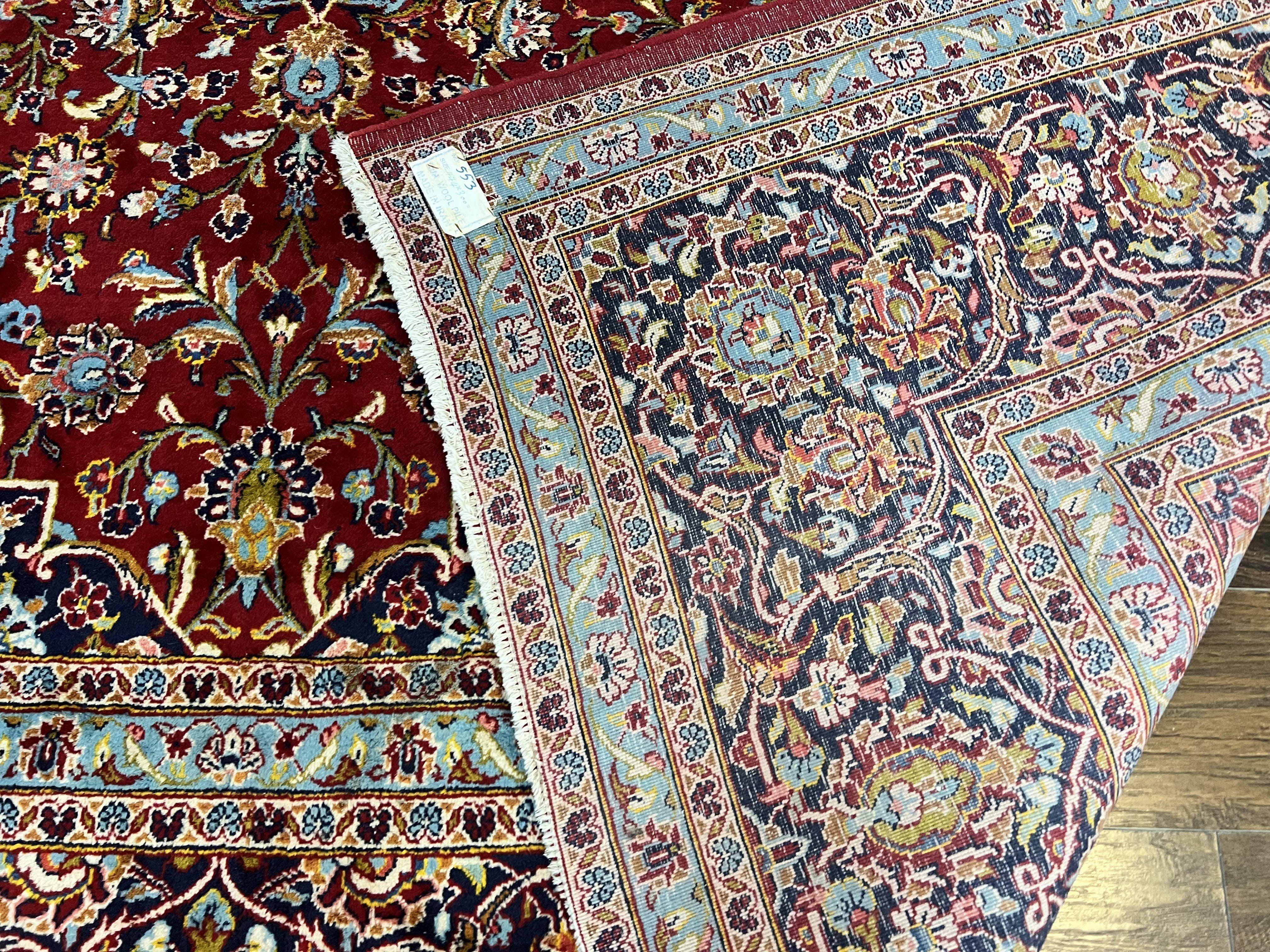 Persian Kashan Rug 10x14, Wool Hand Knotted Vintage Carpet, Red & Navy Blue Floral Allover Rug, Traditional Oriental Rug 10 x 14, Semi Antique - Jewel Rugs