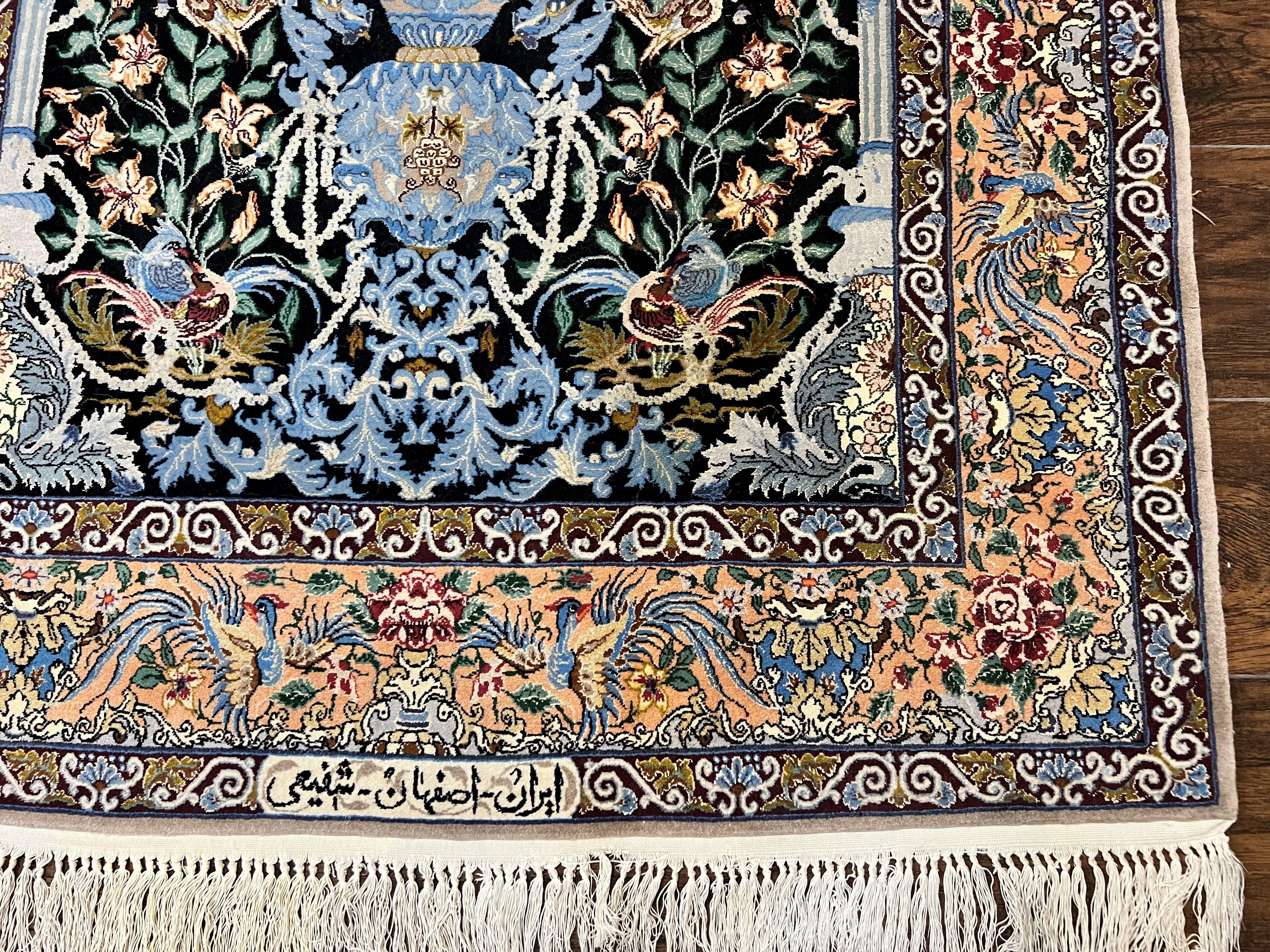 Wonderful Persian Isfahan Rug 3.7 x 5, Kork Wool on Silk Foundation, Very Fine 460 KPSI, Tree of Life Persian Vase Design Animal Pictorials Peacocks - Jewel Rugs