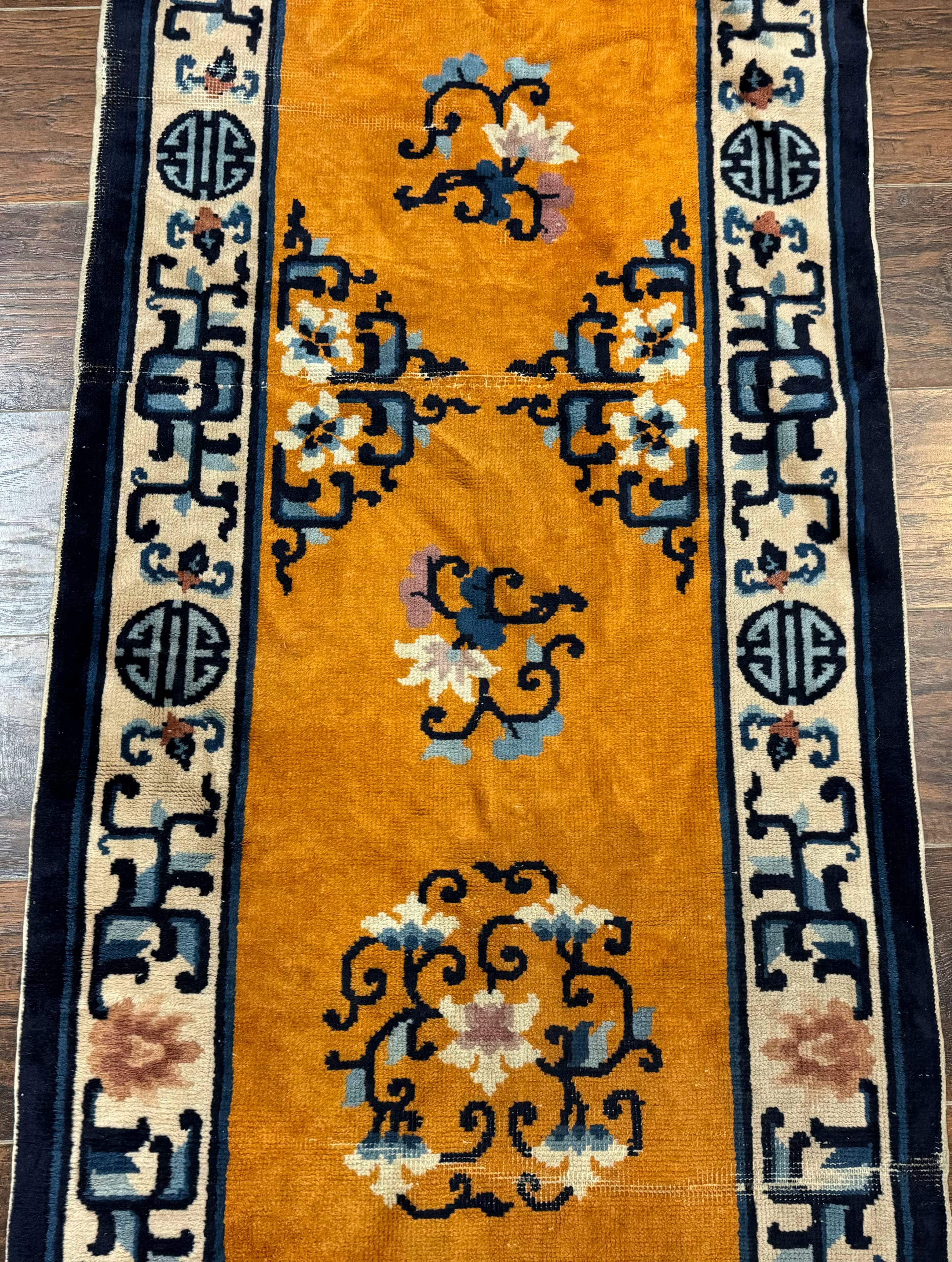 Chinese Peking Runner Rug 2x15 – Orange Ivory & Blue, Hand-Knotted Wool Antique Runner - Jewel Rugs