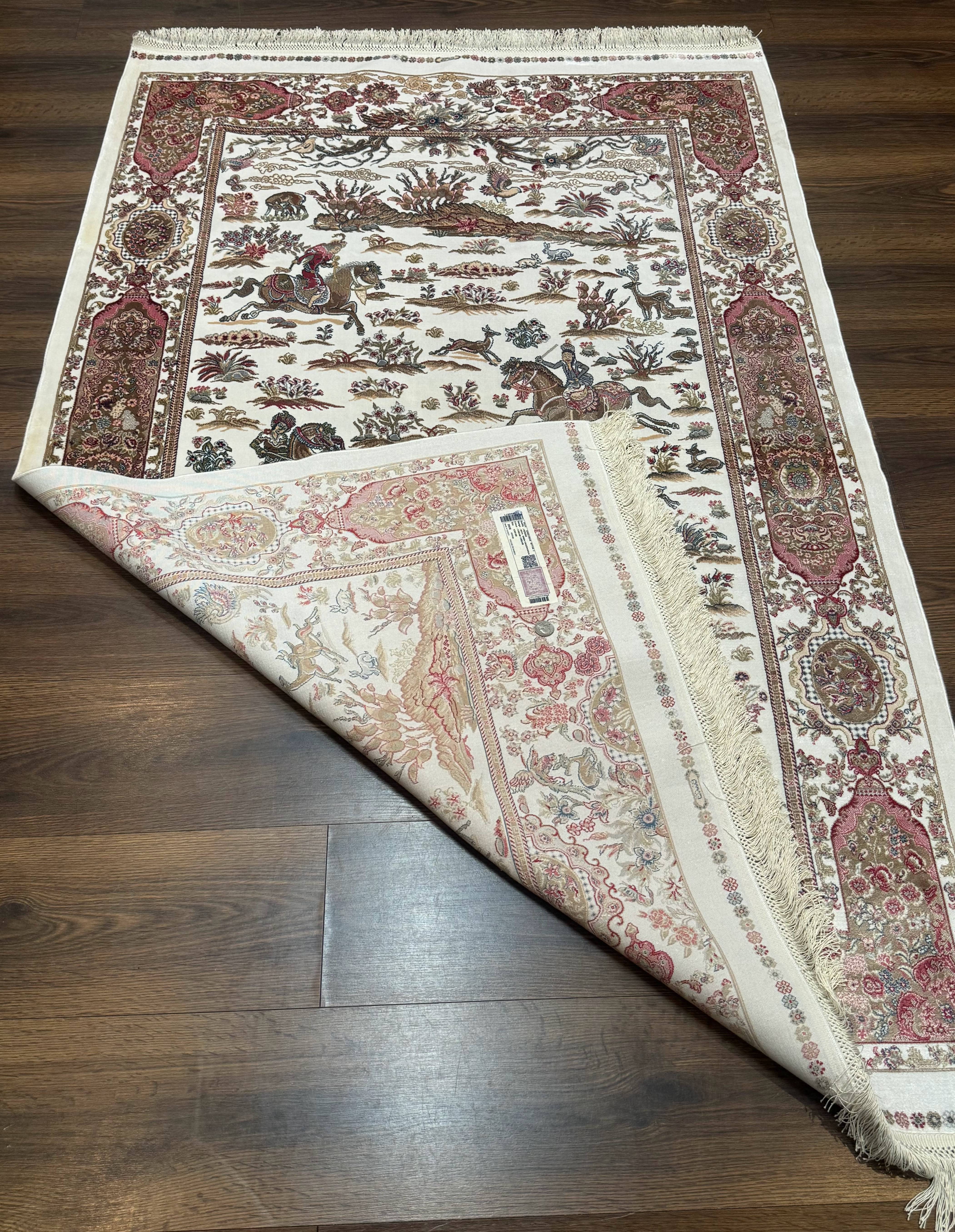 Turkish Silk Hunting Scene Rug 4x6, Ivory, Bamboo Silk, New - Jewel Rugs