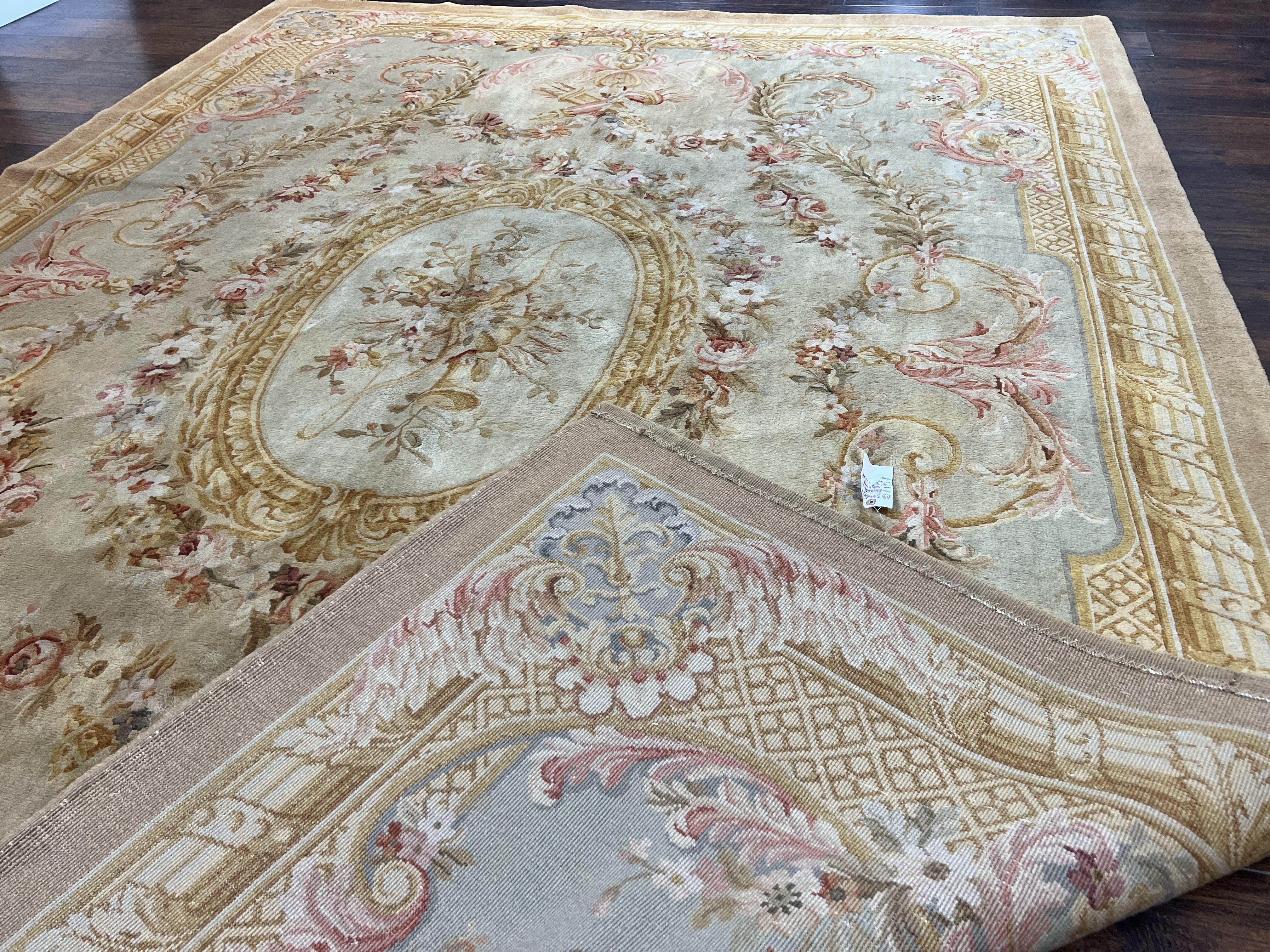 Aubusson Rug 9x12, Wool Hand Knotted Vintage Carpet, European Design, Elegant Room Sized Rug 9 x 12 - Jewel Rugs