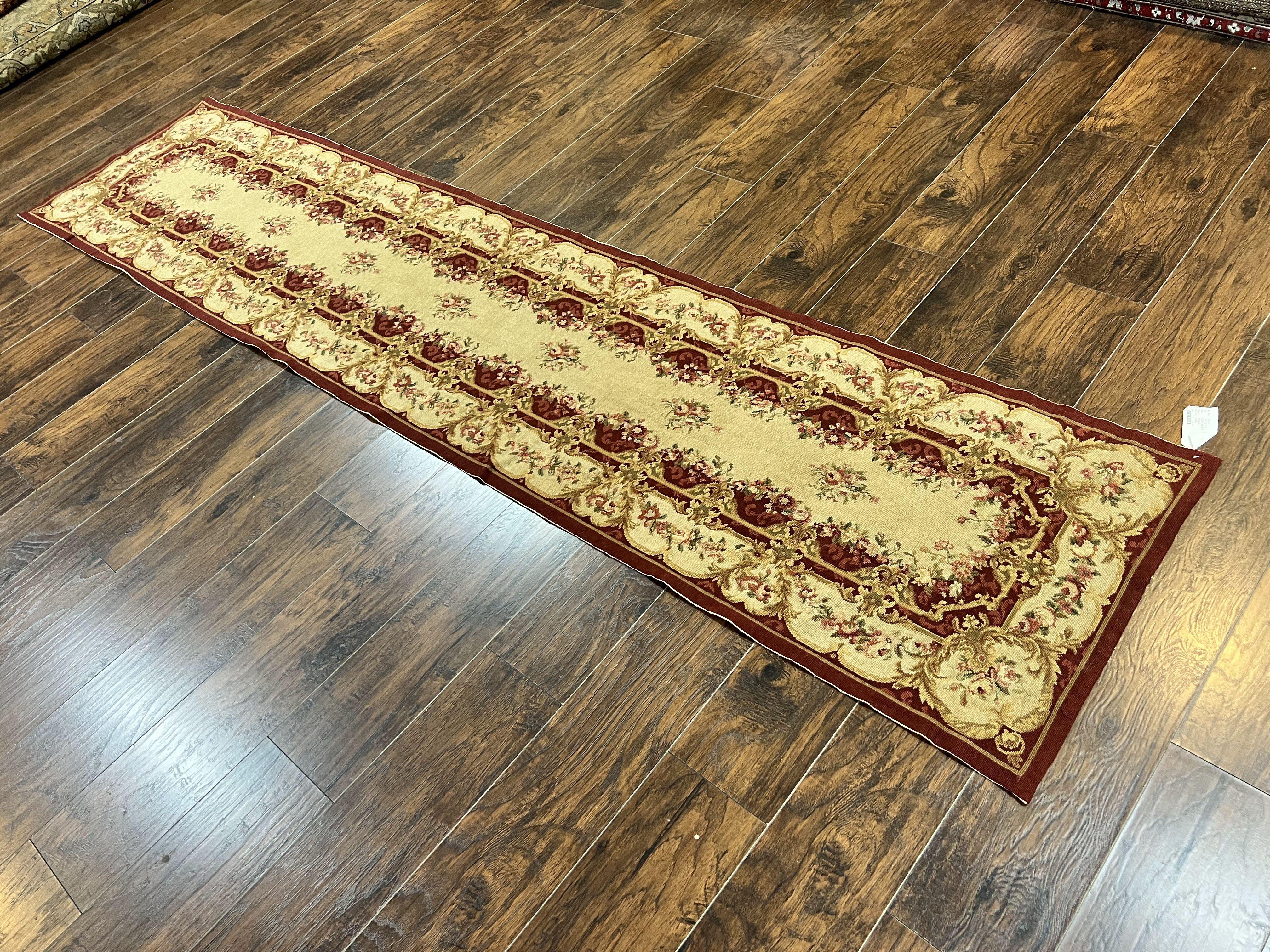 Needlepoint Runner Rug 2.5 x 10.7, Tan Runner Rug, Flatweave Runner, Aubusson European Design, Needlepoint Rug, Long Runner, Hallway Rug - Jewel Rugs