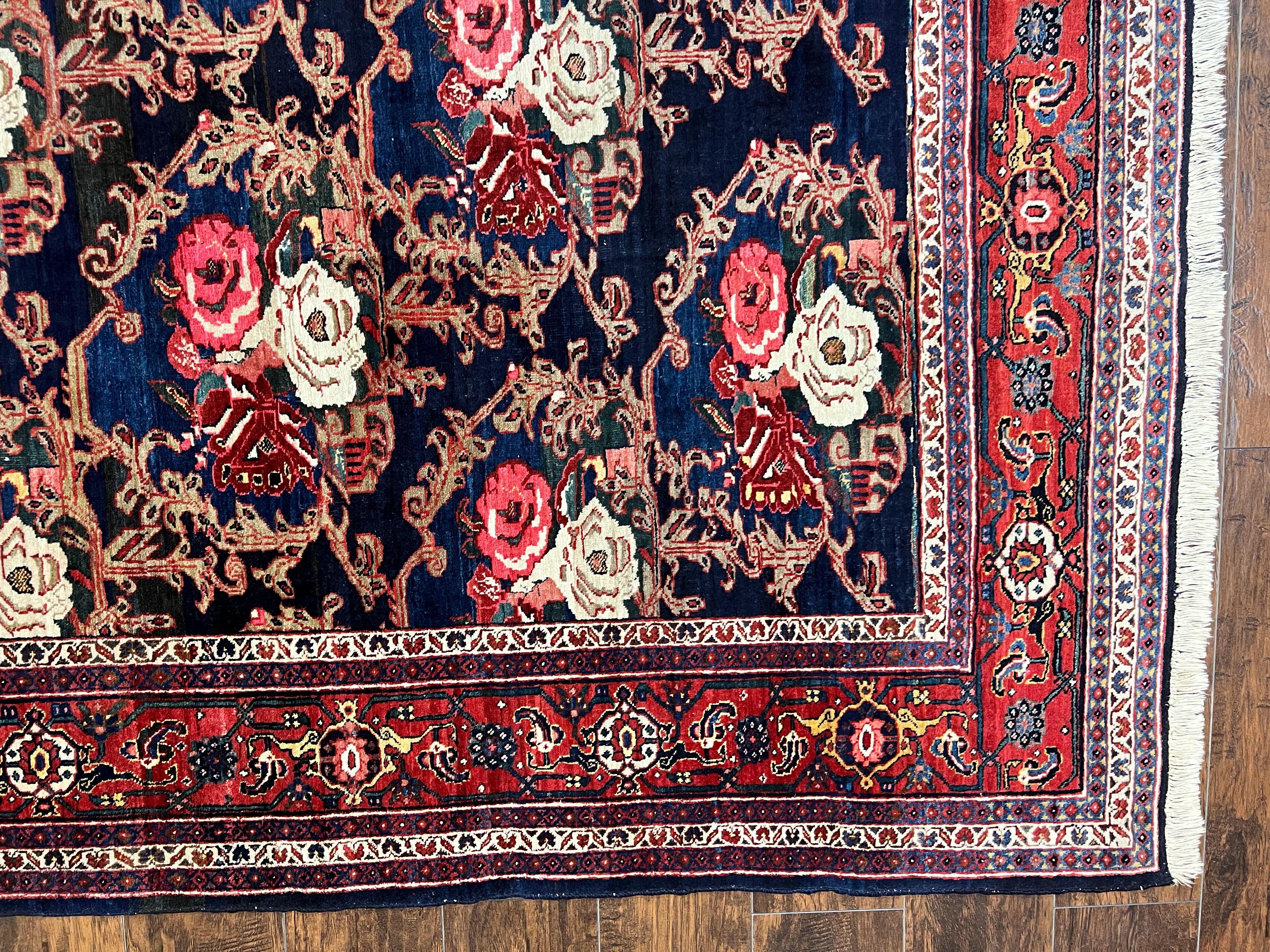 Persian Bidjar Rug 8x11, Floral Bouquets, Blue Black Red Pink, Handmade Hand Knotted Vintage Semi Antique Oriental Carpet - Jewel Rugs