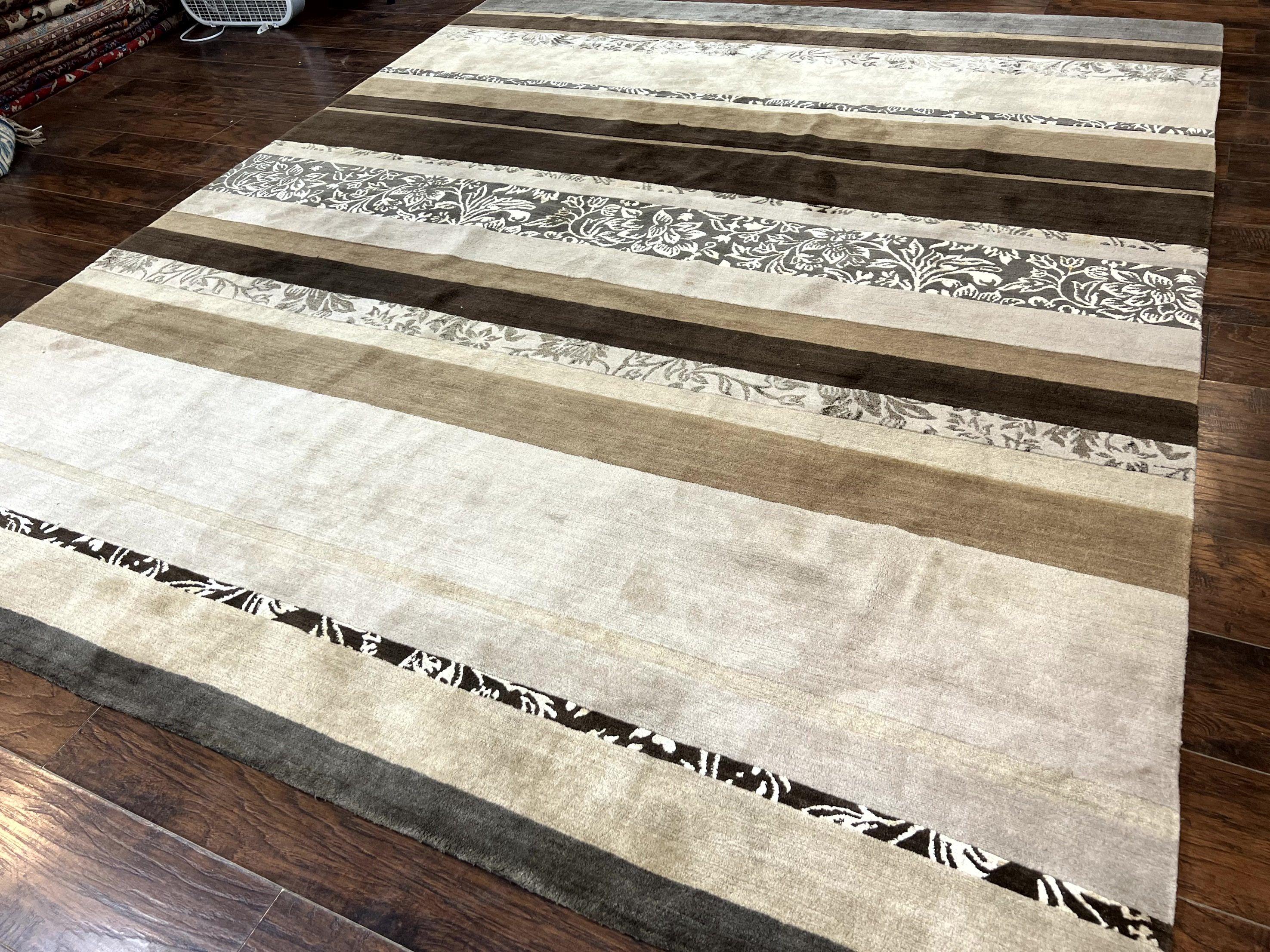 Modern Tibetan Nepali Rug 8x12, Stripe Pattern, Wool with Silk Highlights, Handmade, Beige Tan Brown - Jewel Rugs