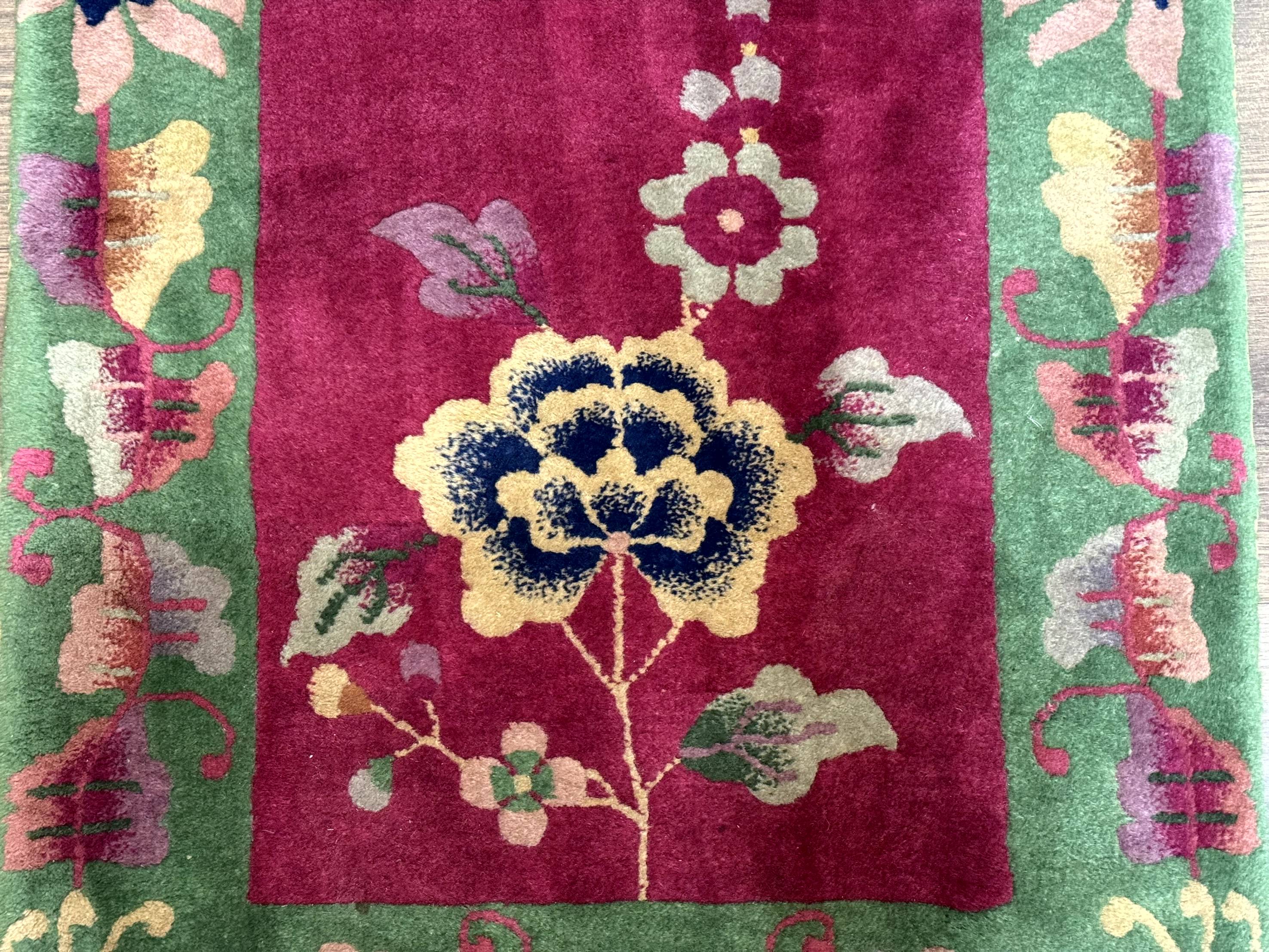 Small Chinese Art Deco Rug 2x4, Magenta and Green, Nichols Carpet, Floral, Wool - Jewel Rugs