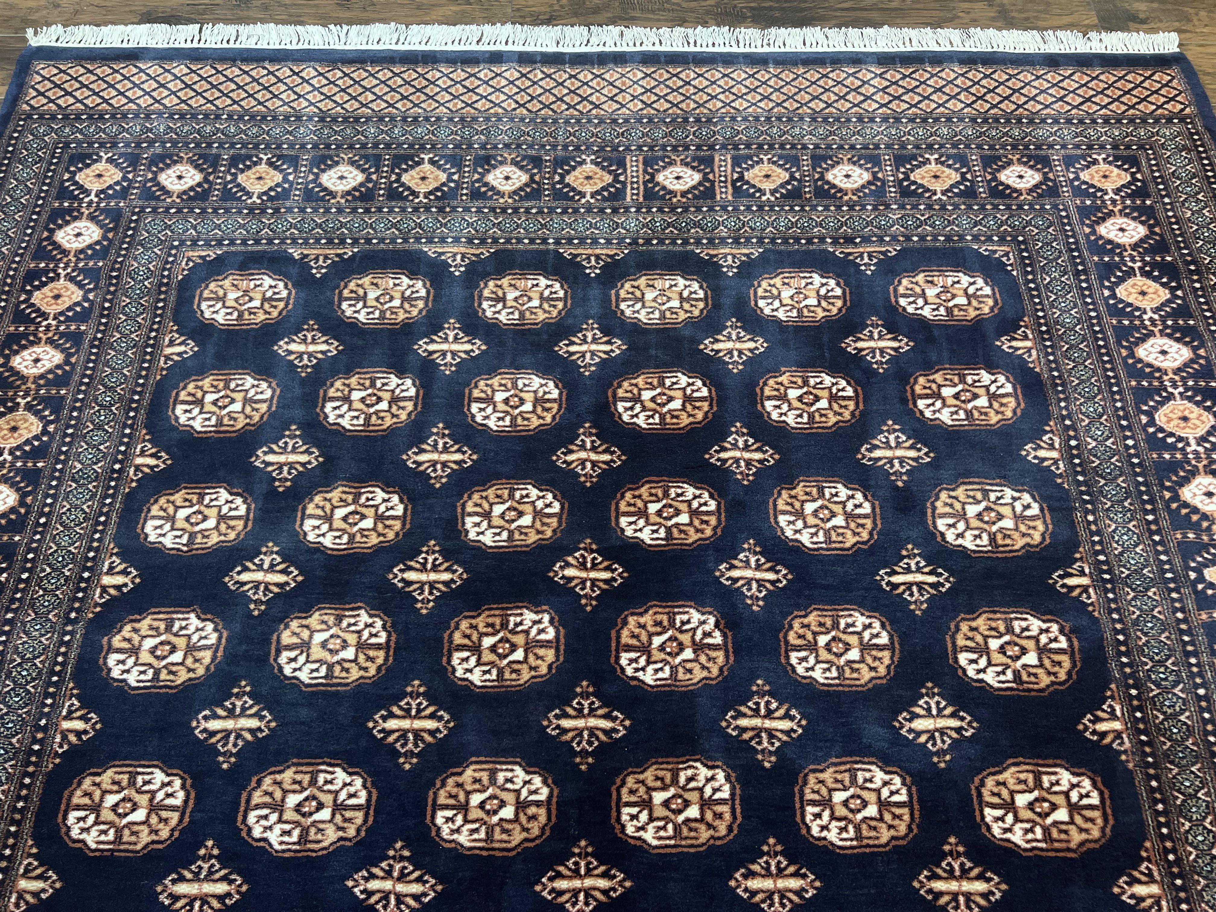 Pakistani Bokhara Rug 8x10, Turkoman Carpet 8 x 10, Dark Blue Ivory Cream Tan, Hand Knotted Vintage Handmade Wool Tribal Rug - Jewel Rugs