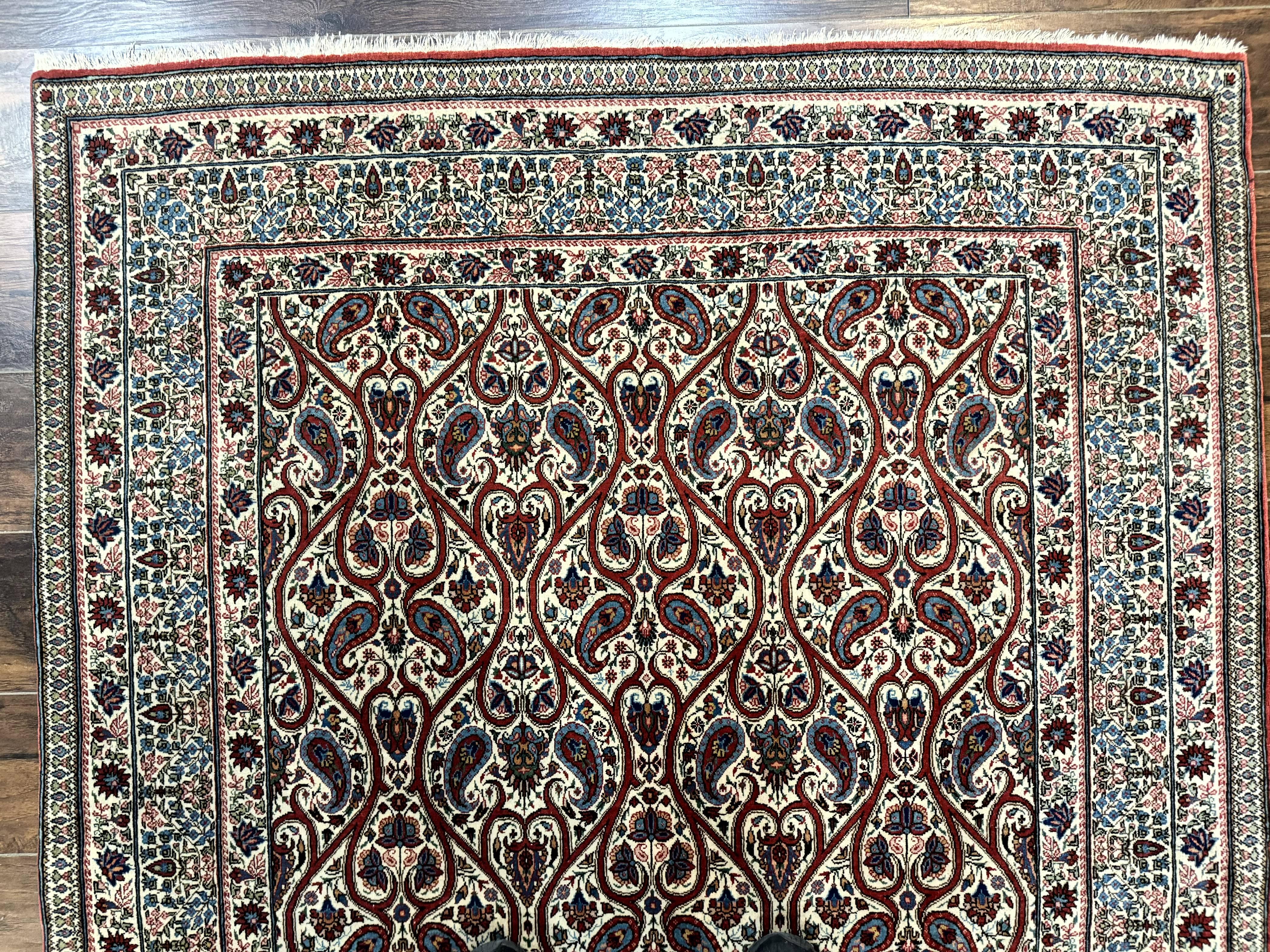 Unique Persian Qum Rug 5x7, Repeated Paisely Boteh Design, Ivory Red Blue, Handmade Antique Wool Persian Carpet, Finely Hand Knotted - Jewel Rugs