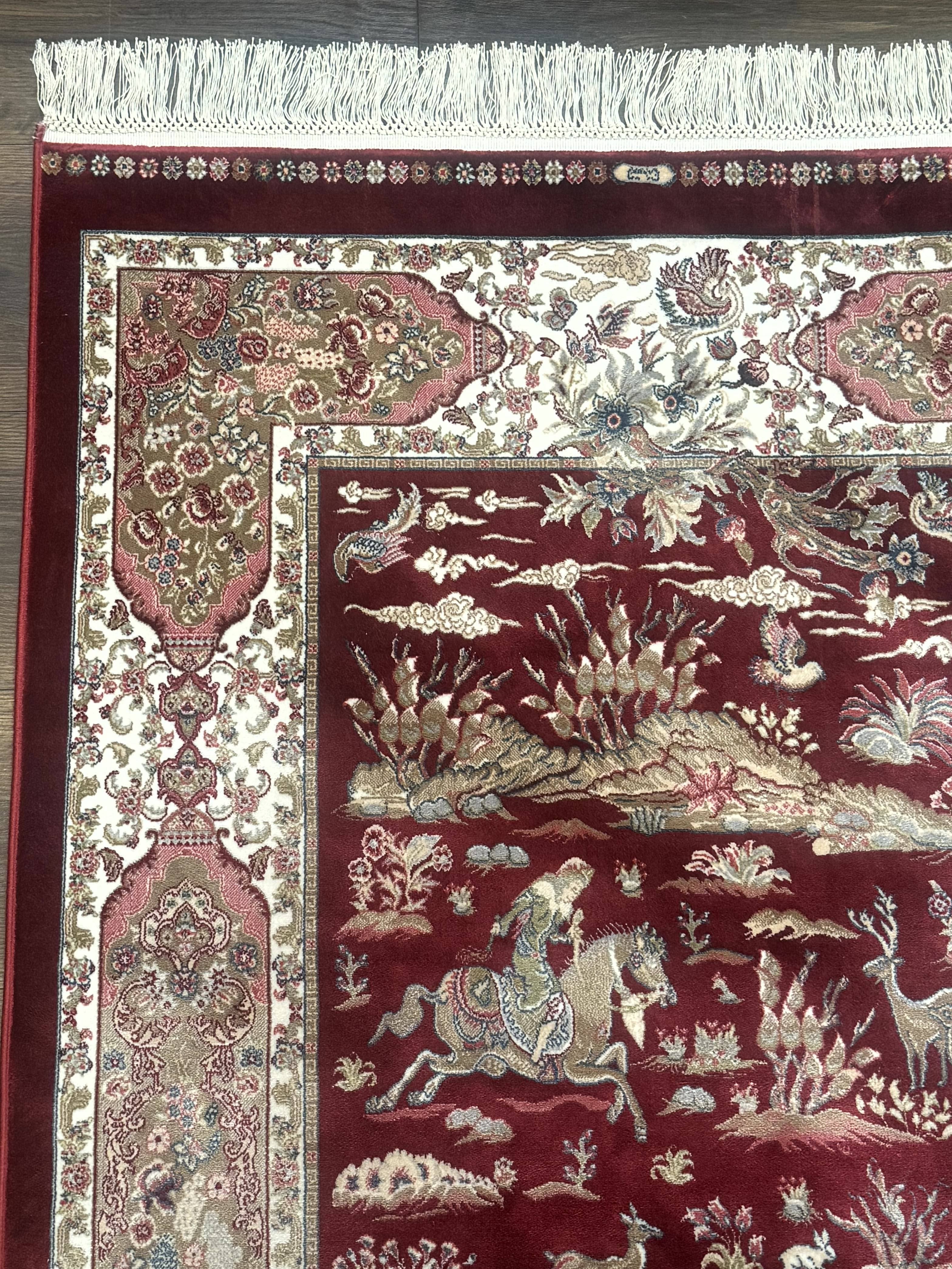 Turkish Silk Rug 3x5, Hunting Design, Dark Red & Ivory, Bamboo Silk, New - Jewel Rugs