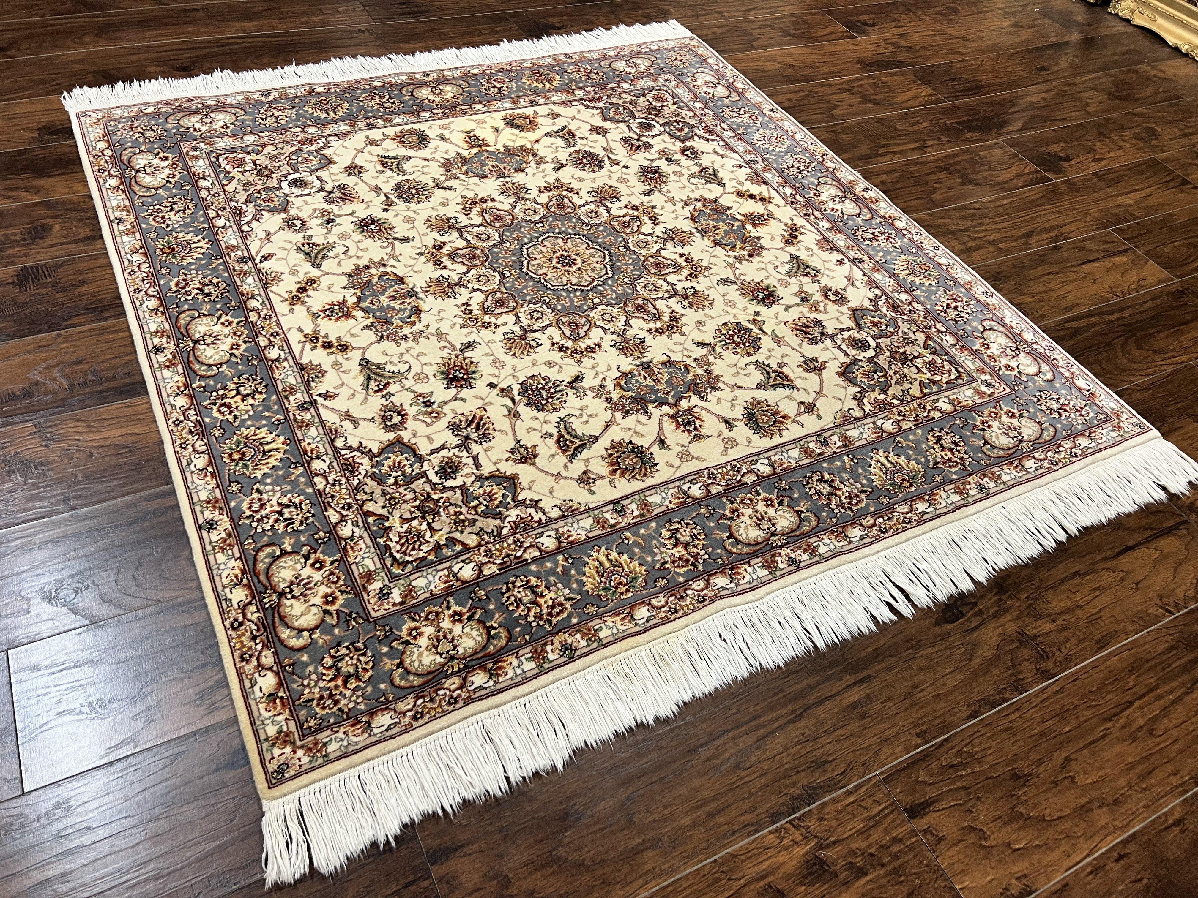 Sino Persian Square Rug 5x5, Very Fine Oriental Carpet, Wool & Silk Highlights, Ivory, Hand Knotted Handmade Vintage Traditional Rug - Jewel Rugs