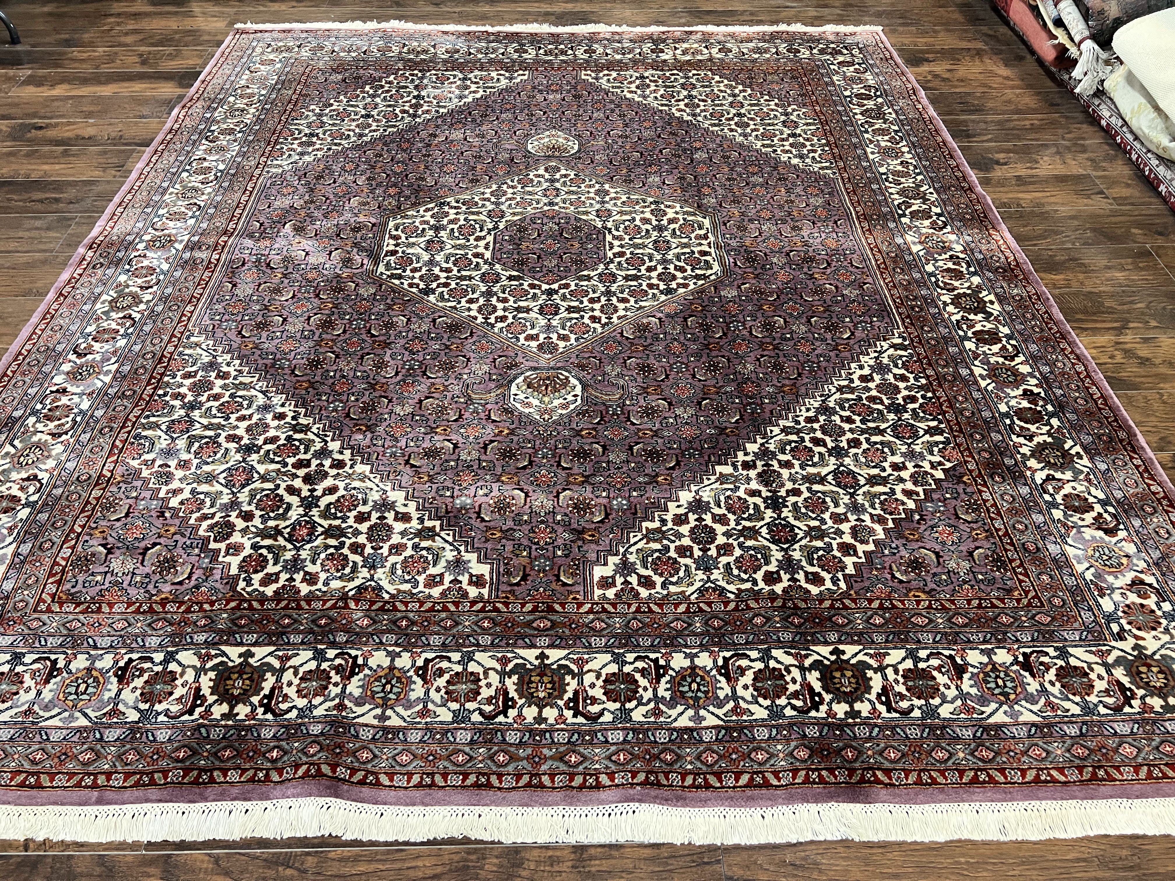 Indo Persian Bidjar Rug 8x10, Purple and Ivory Hand Knotted Wool Vintage Oriental Carpet, Herati Mahi Pattern, 8 x 10 Traditional Fine Rug - Jewel Rugs