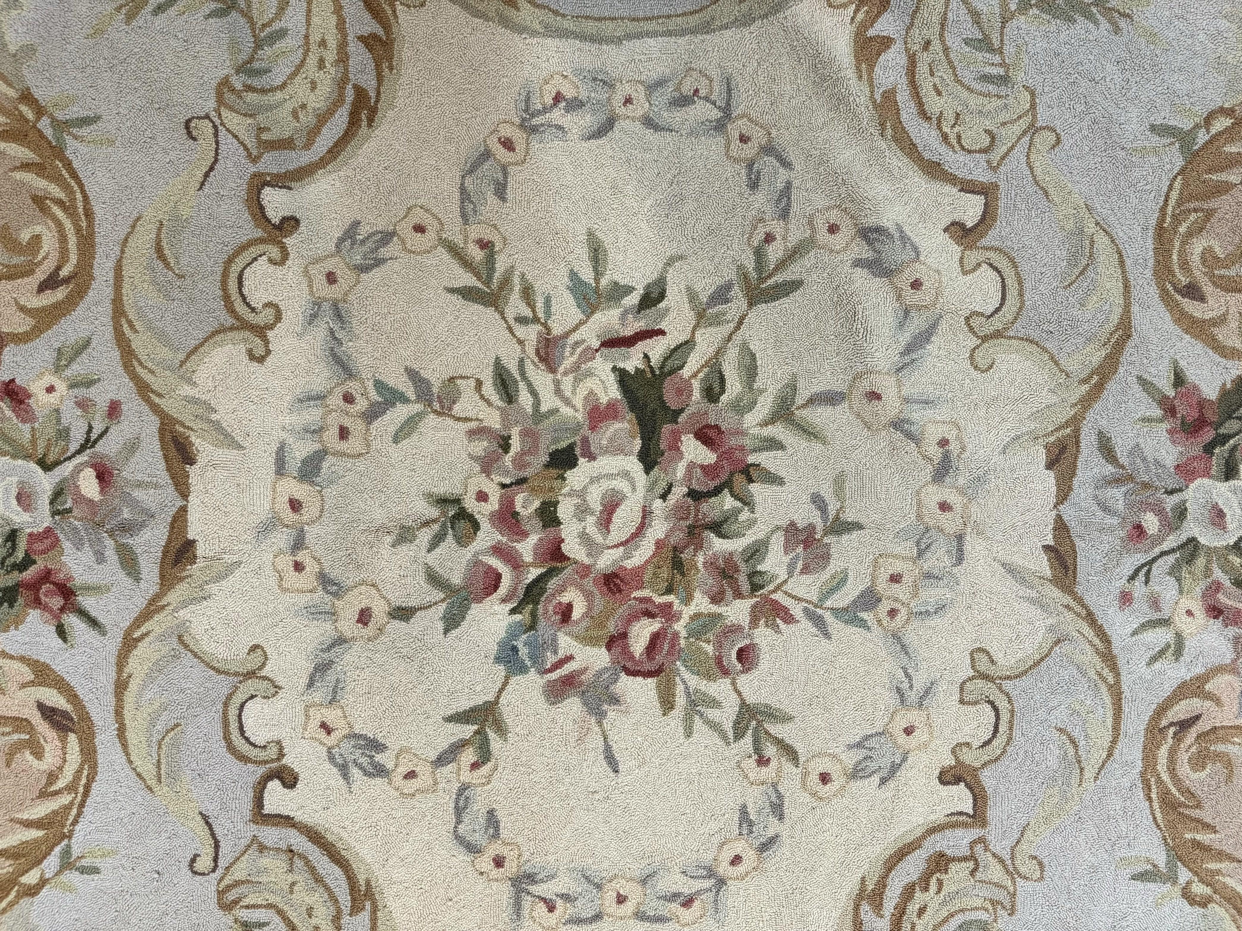 Hooked Aubusson Rug 8x11, Light Blue Ivory Beige Pink, Elegant European Design, Vintage - Jewel Rugs