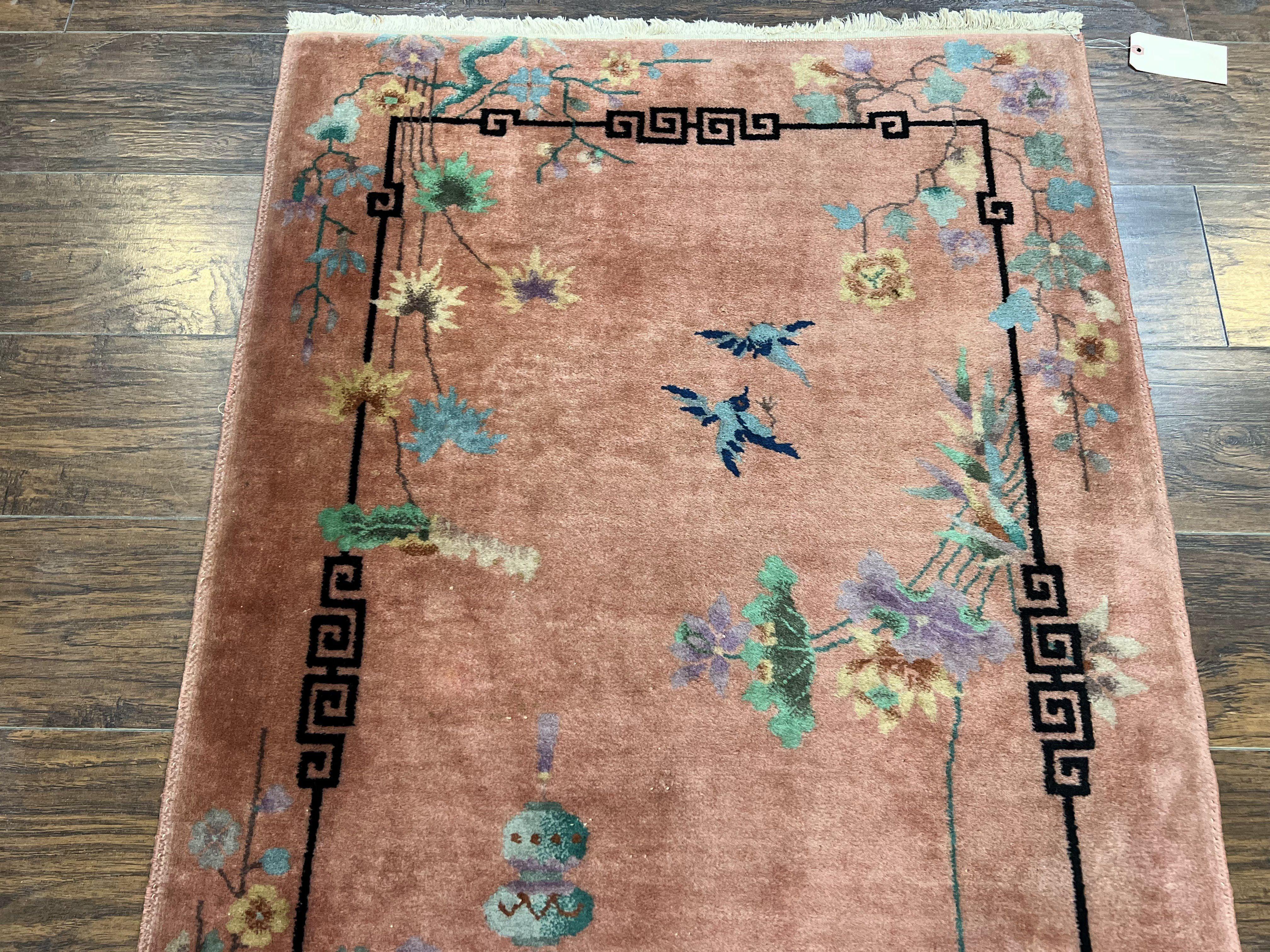Chinese Art Deco Rug 3x5, Wool Hand Knotted Semi Antique Vintage Carpet, Salmon Red, Birds Flowers, Asian Oriental Rug 3 x 5 - Jewel Rugs