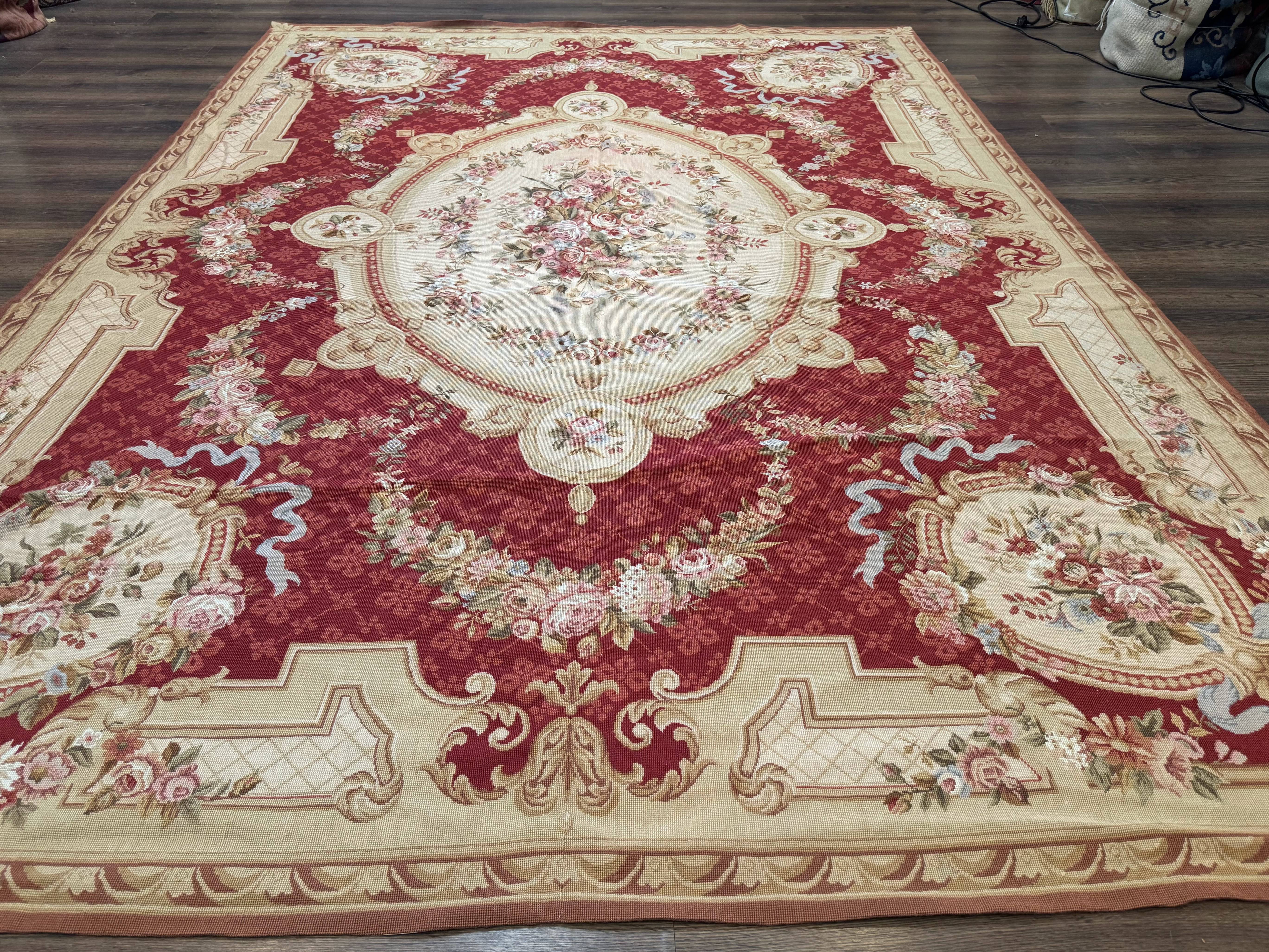 Aubusson Rug 8x11, Needlepoint Carpet, Red Ivory Beige, Vintage, French European Design - Jewel Rugs