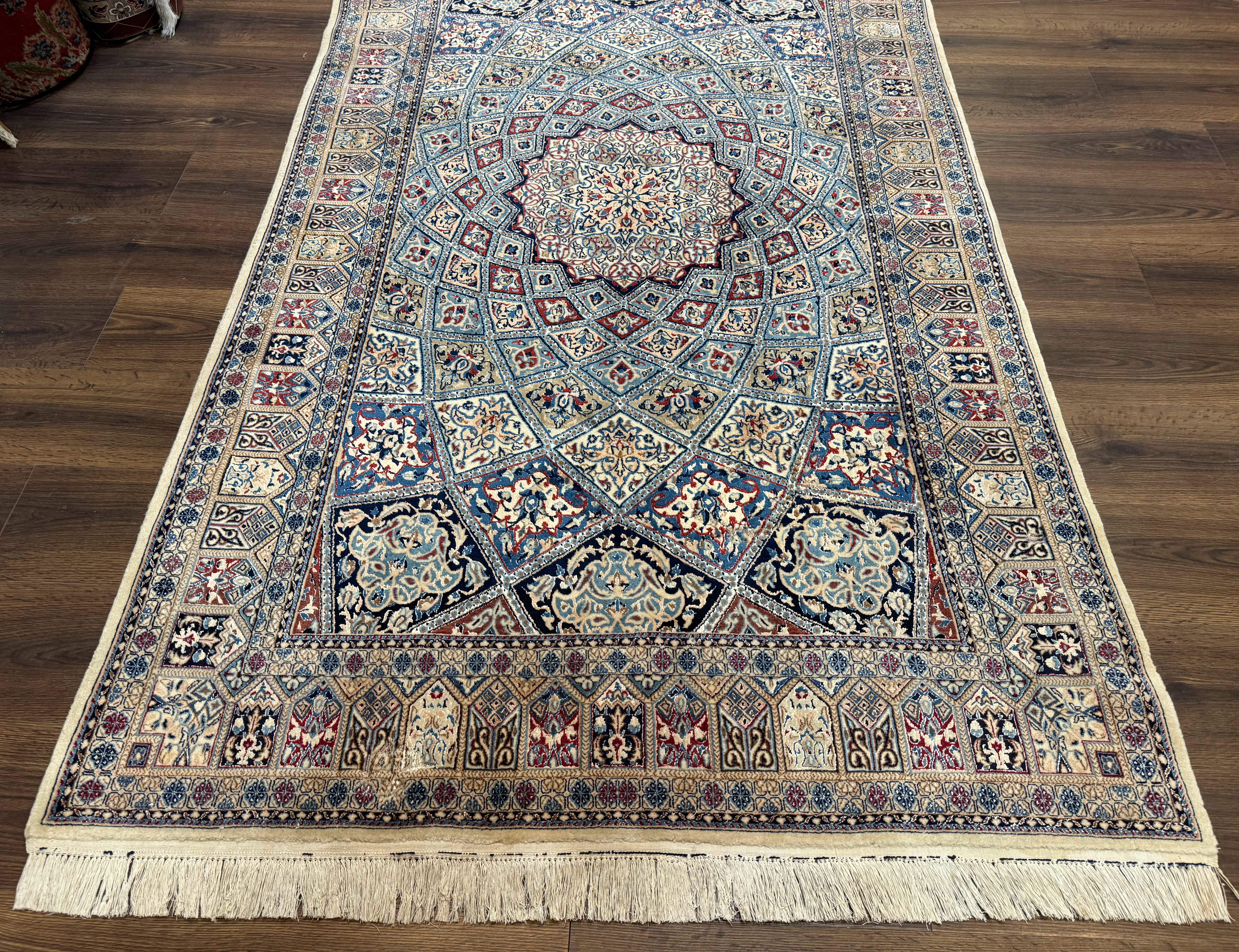 Persian Nain Rug 5x7, Very Fine 500 KPSI, Ivory and Blue, Dome Design, Wool & Silk - Jewel Rugs