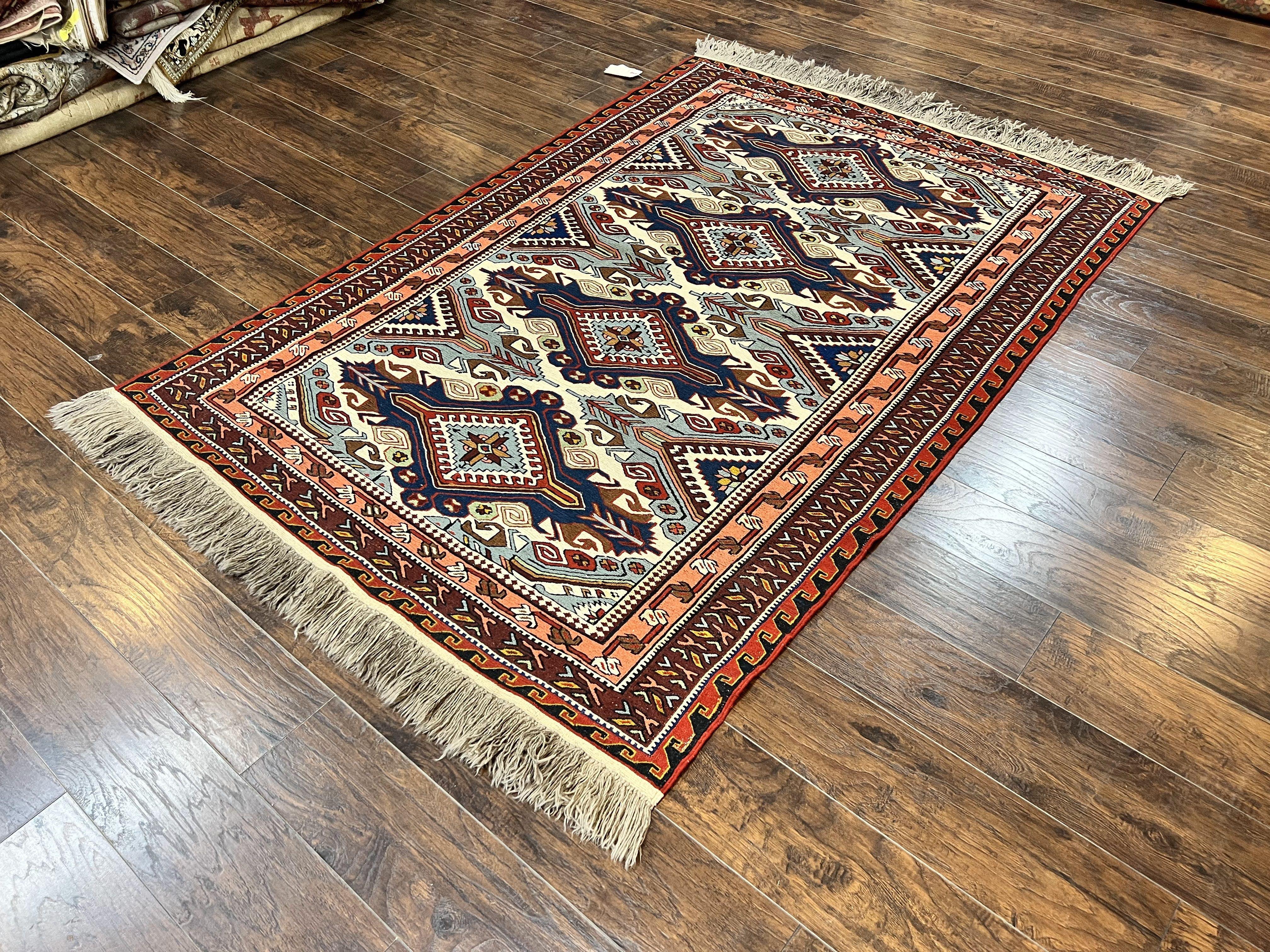 Russian Soumak Rug 6x8, Wool Handmade Antique Kilim Carpet, Multicolor 6 x 8 Geometric Medallions Caucasian Rug, Medium Size - Jewel Rugs