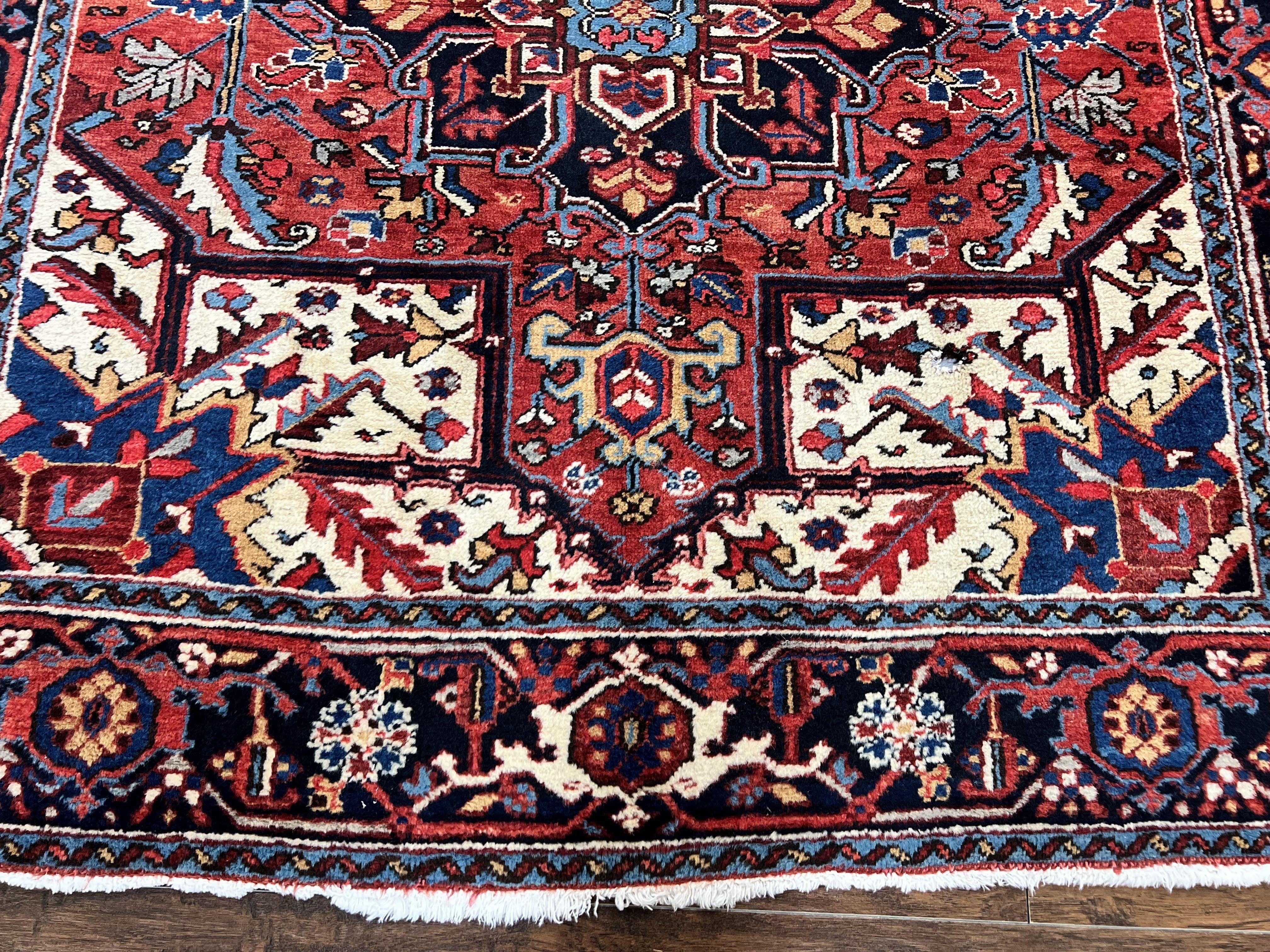 Persian Heriz Square Rug 6x6, Wool Hand Knotted Antique Carpet, Red Ivory & Navy Blue, Geometric Design Oriental Rug 6ft Square Handmade Rug - Jewel Rugs