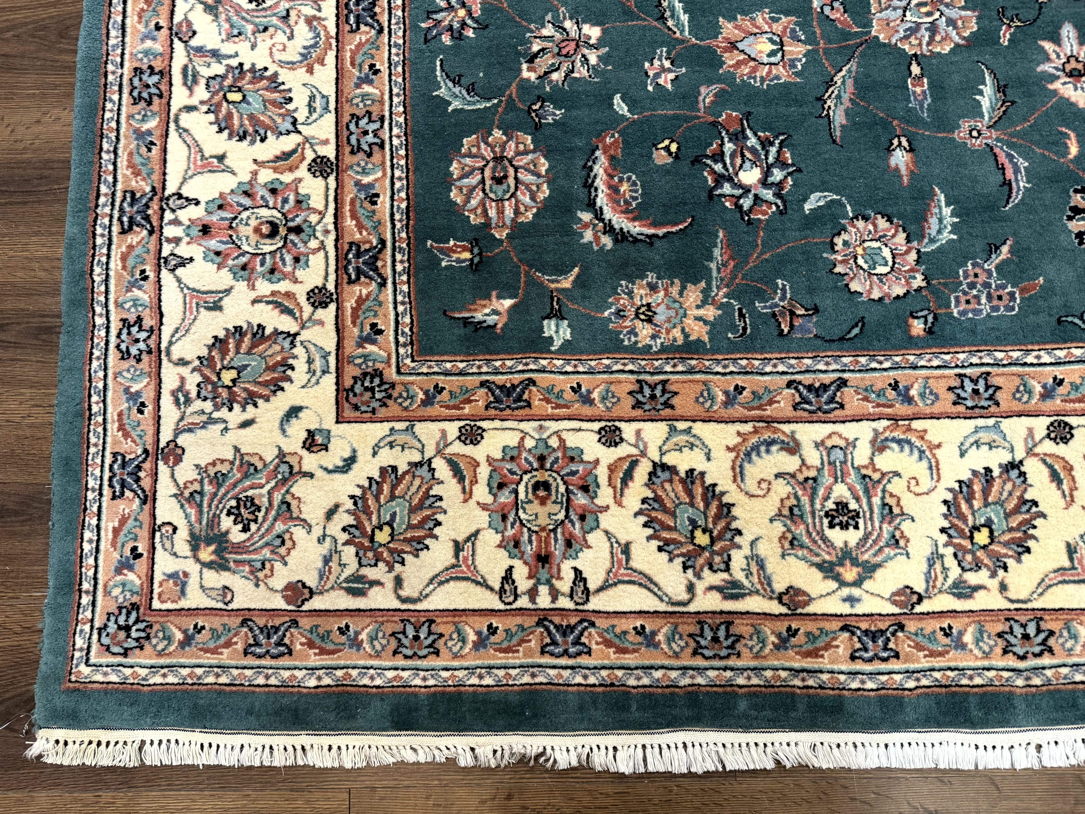 Indo Persian Rug 8x10, Green and Beige Oriental Carpet, Traditional Wool Area Rug, Floral Allover Pattern - Jewel Rugs