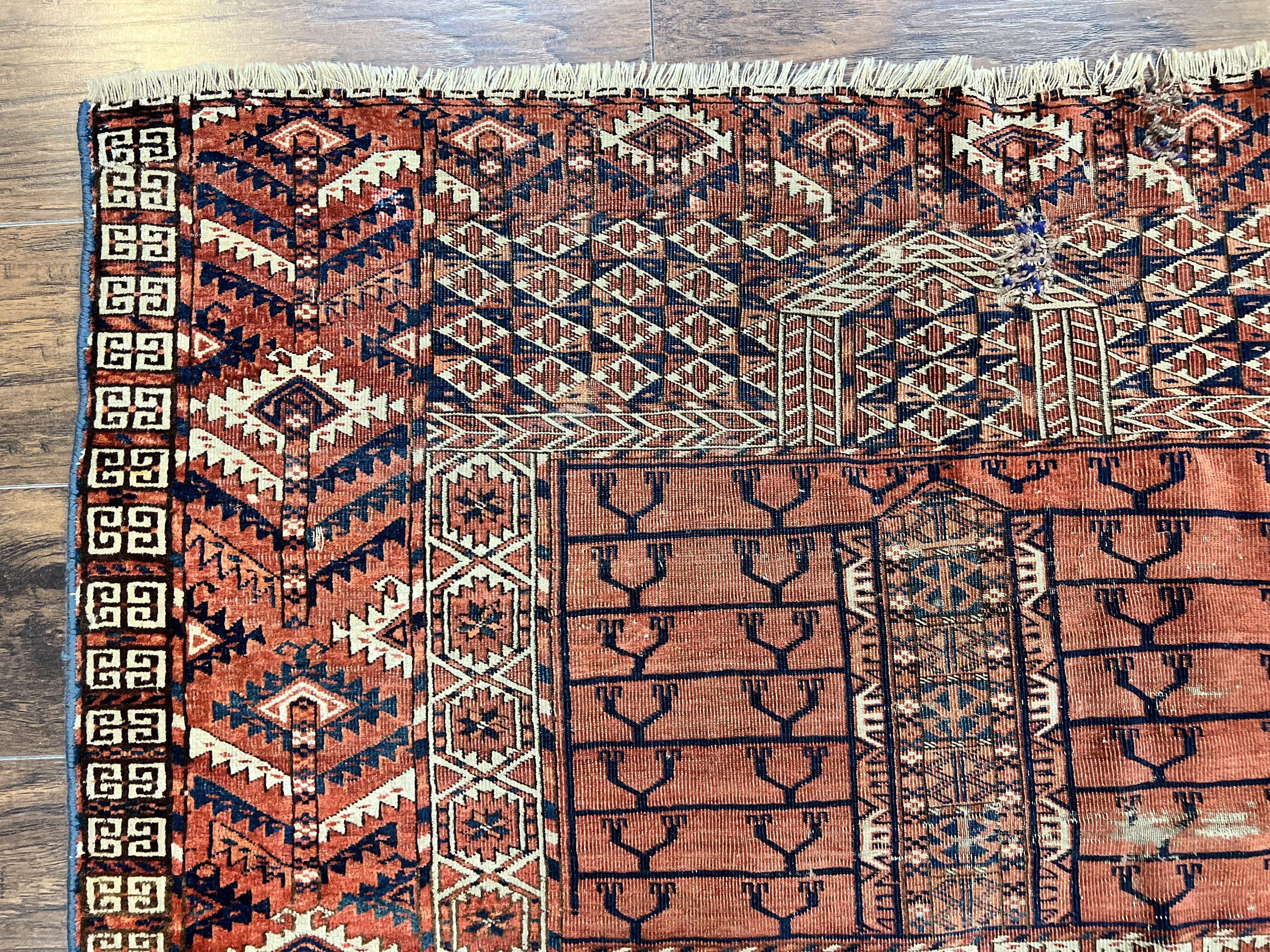 Antique Turkoman Rug 4x4, Hatchli Square Carpet, Wool Handmade Four Season Yamud Design Rug, Red Bohemian Tribal Rug, Engsi Tekkeh Rug - Jewel Rugs