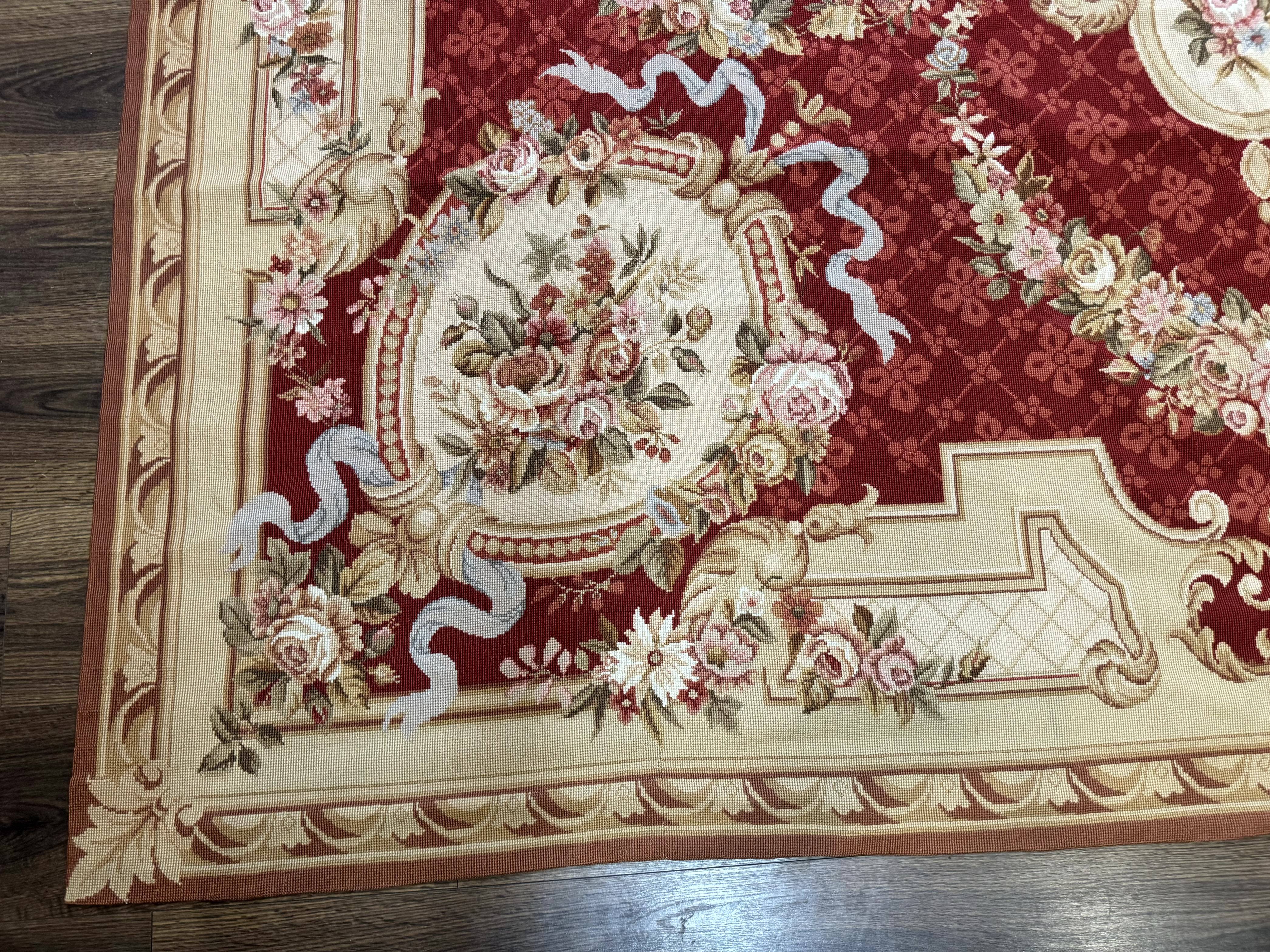 Aubusson Rug 8x11, Needlepoint Carpet, Red Ivory Beige, Vintage, French European Design - Jewel Rugs