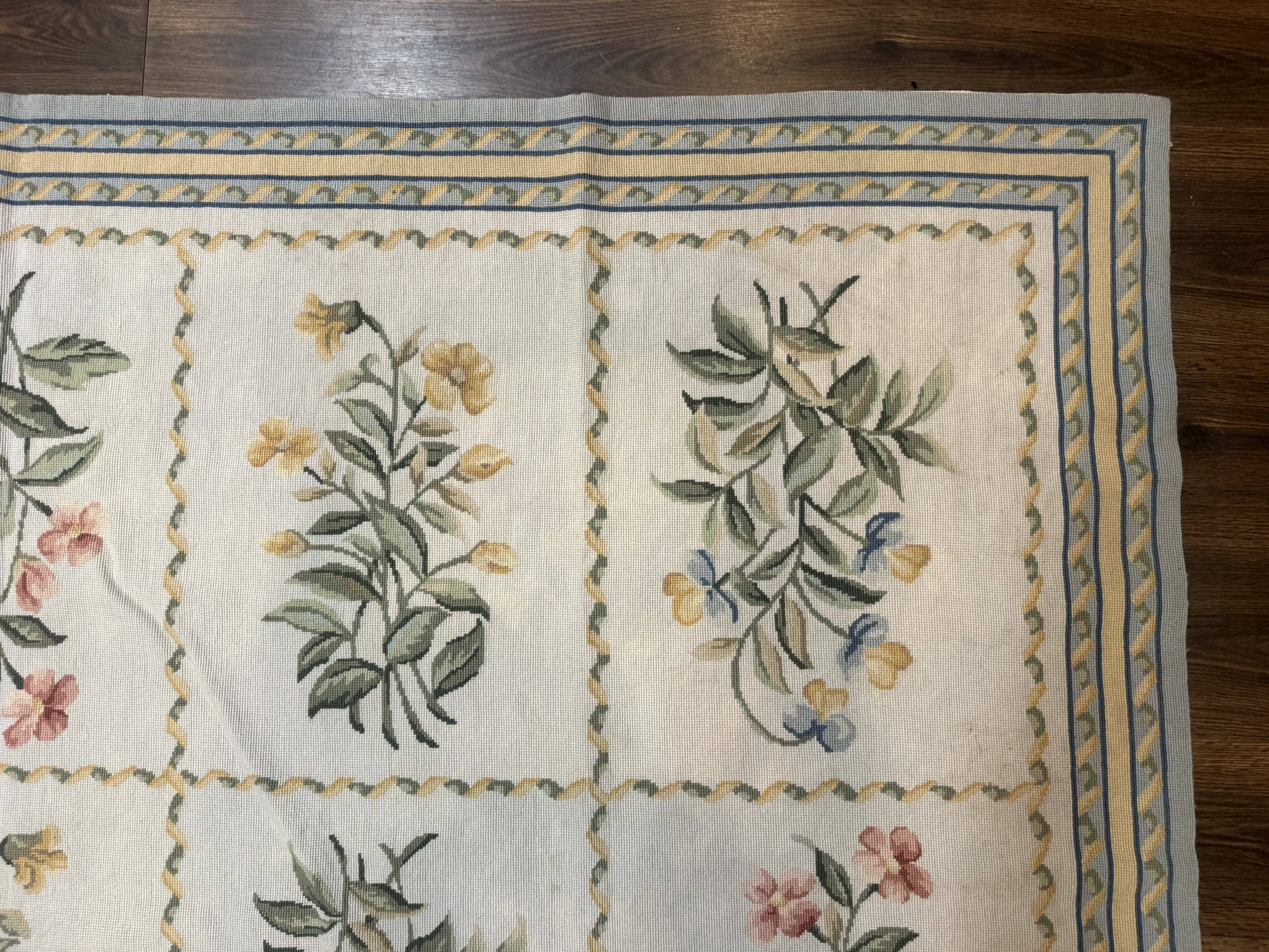 Needlepoint Rug 8x10, Vintage, Aubusson Panel Design, Floral, Wool - Jewel Rugs