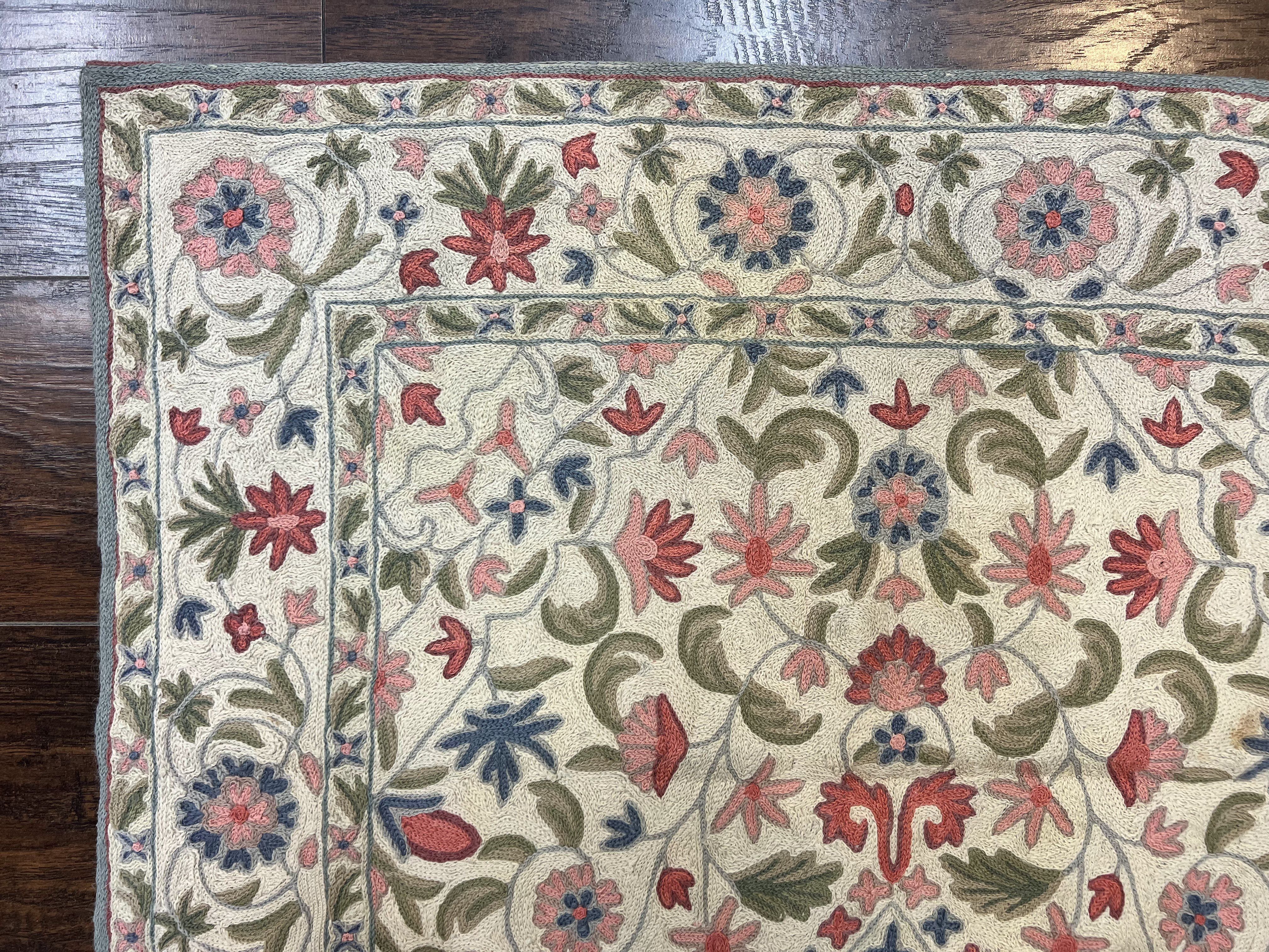 Hand Stitched Indian Rug 4x5, Floral, Vintage Hand Embroidered Rug - Jewel Rugs