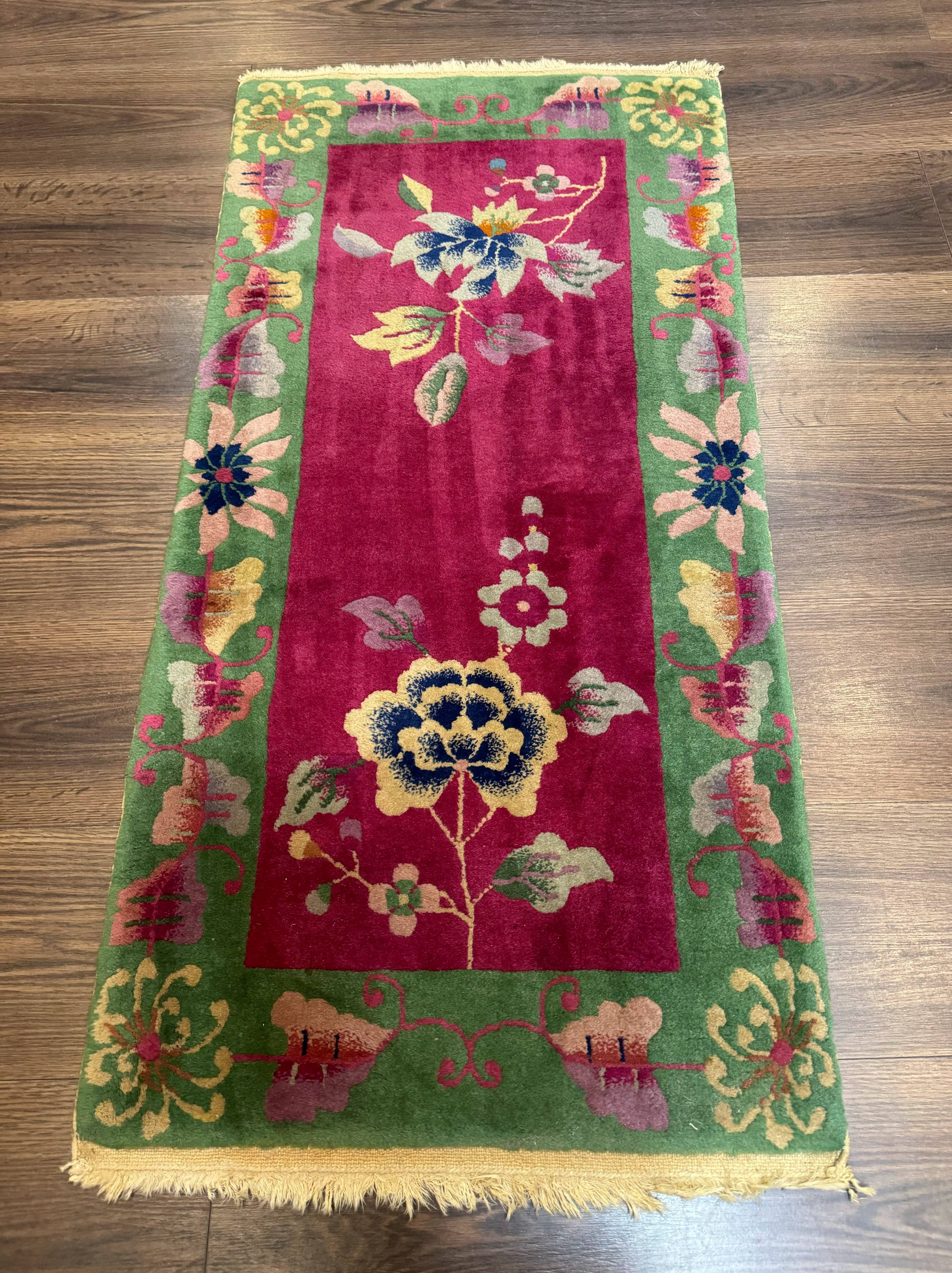 Small Chinese Art Deco Rug 2x4, Magenta and Green, Nichols Carpet, Floral, Wool - Jewel Rugs