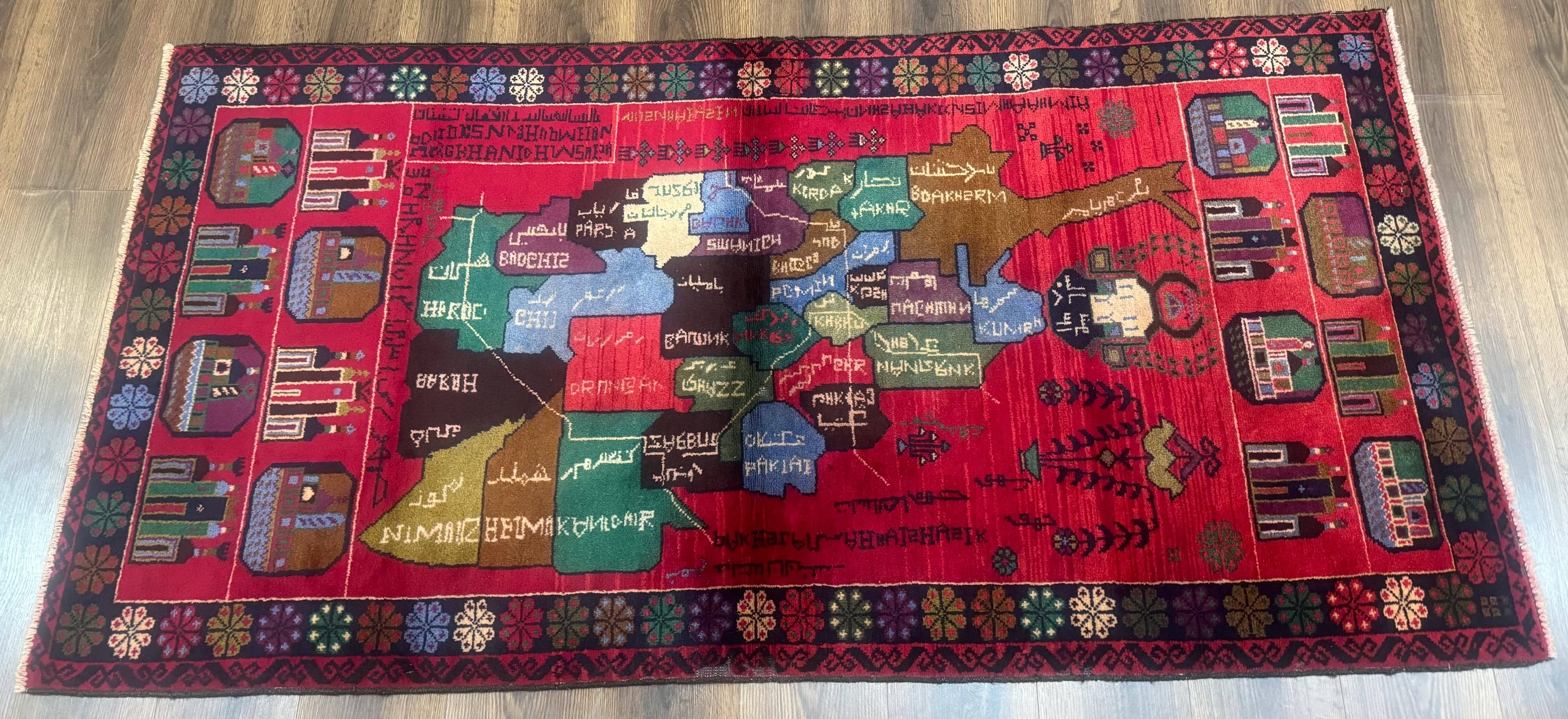 Afghan Rug 3x7, Map of Afghanistan, War Rug, Tribal Rug, Balouch Rug, New, Red - Jewel Rugs