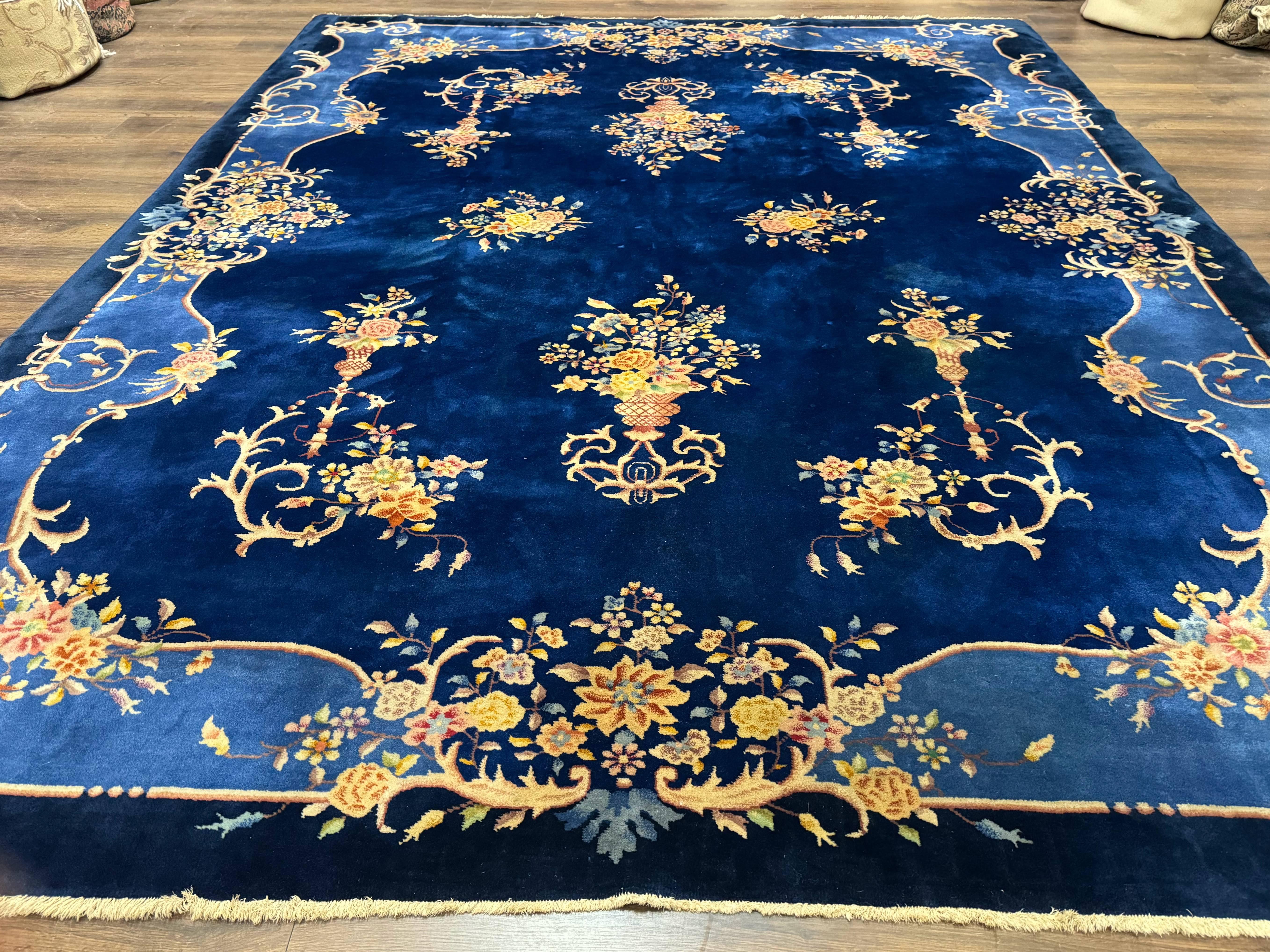 Blue Chinese Art Deco Rug 9x12, Vintage Antique Chinese Wool Rug, Chinese Fette Rug - Jewel Rugs