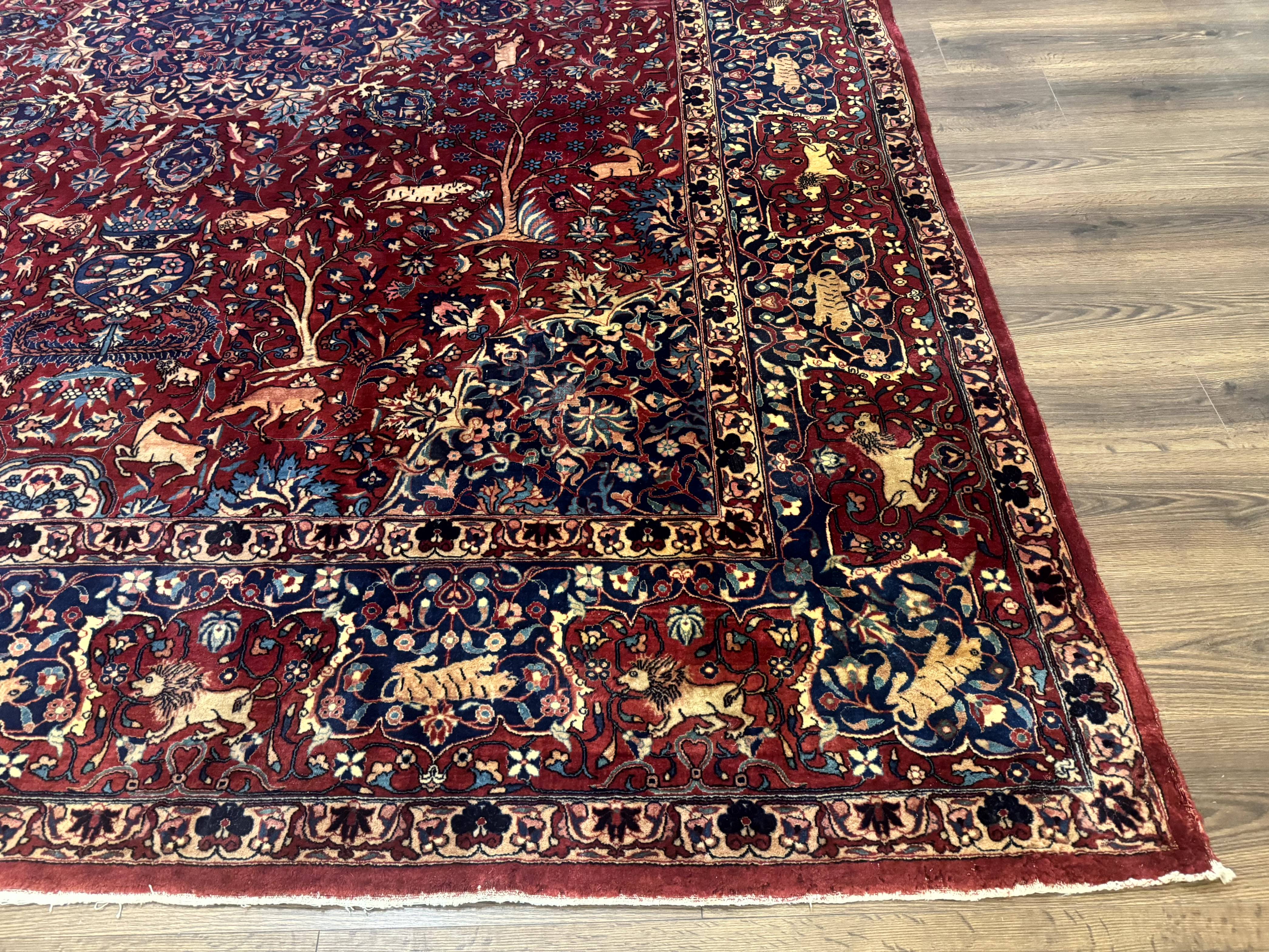 Antique Indo Persian Kerman Rug 9x12 Red Manchester Wool Animal Pictorials, Fine 290 KPSI - Jewel Rugs
