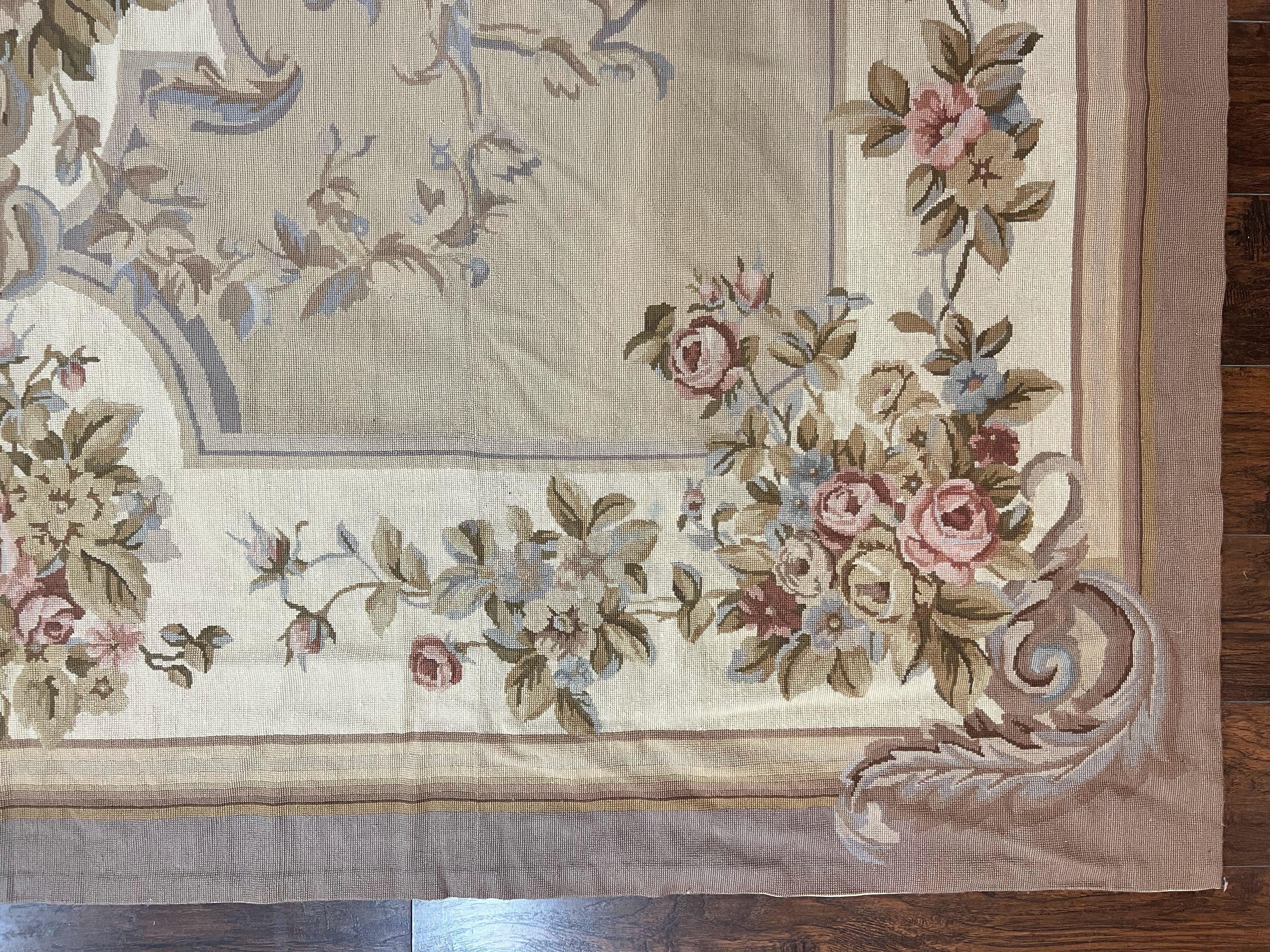 Aubusson Needlepoint Rug 9x12, VIntage Handmade Wool Beige Floral European Elegant Rug 9 x 12, Floral Roses - Jewel Rugs