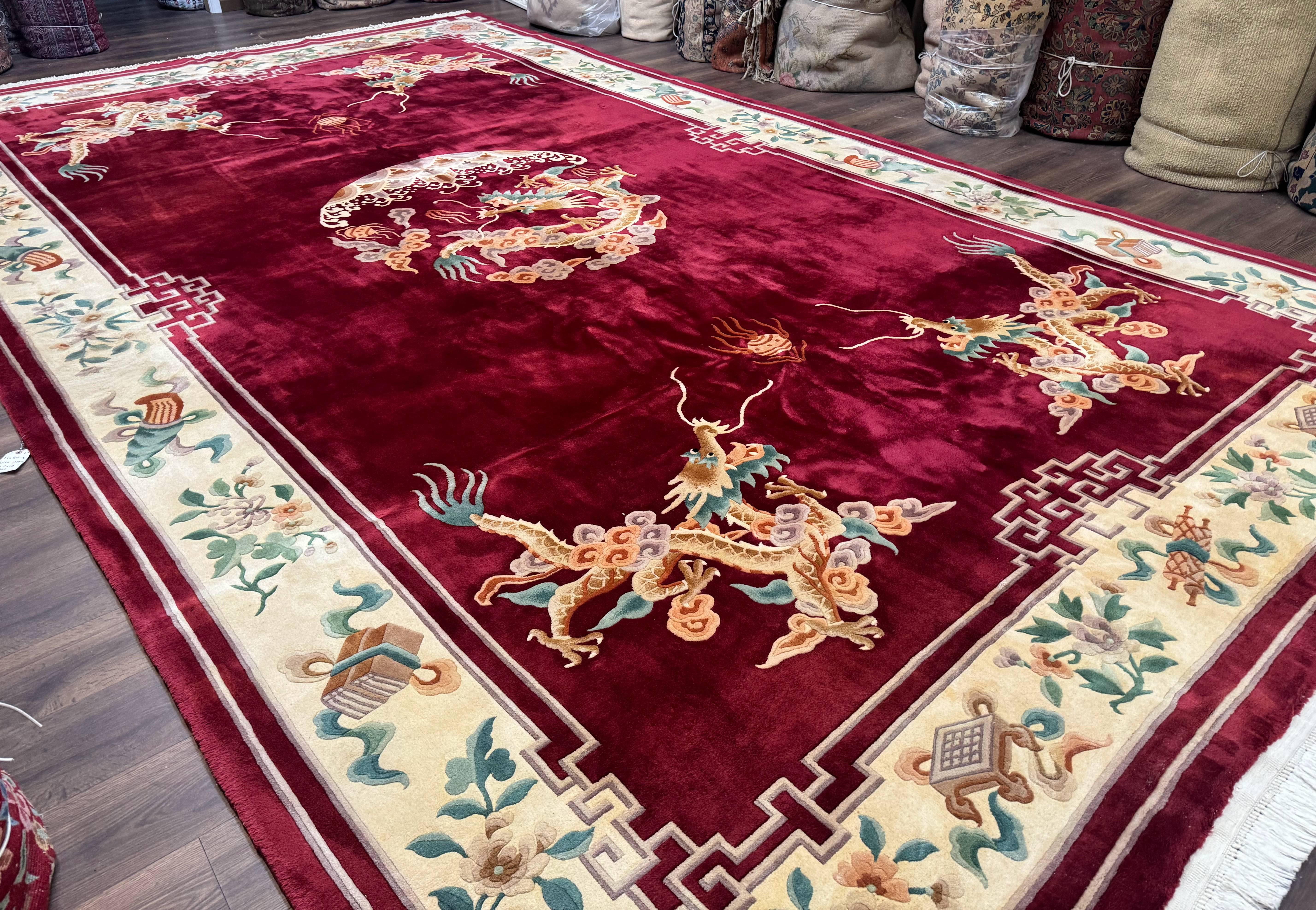 Large Chinese Wool Rug with Dragons 11x18, Palace Size Vintage Handmade Art Deco Carpet, Red and Cream - Jewel Rugs