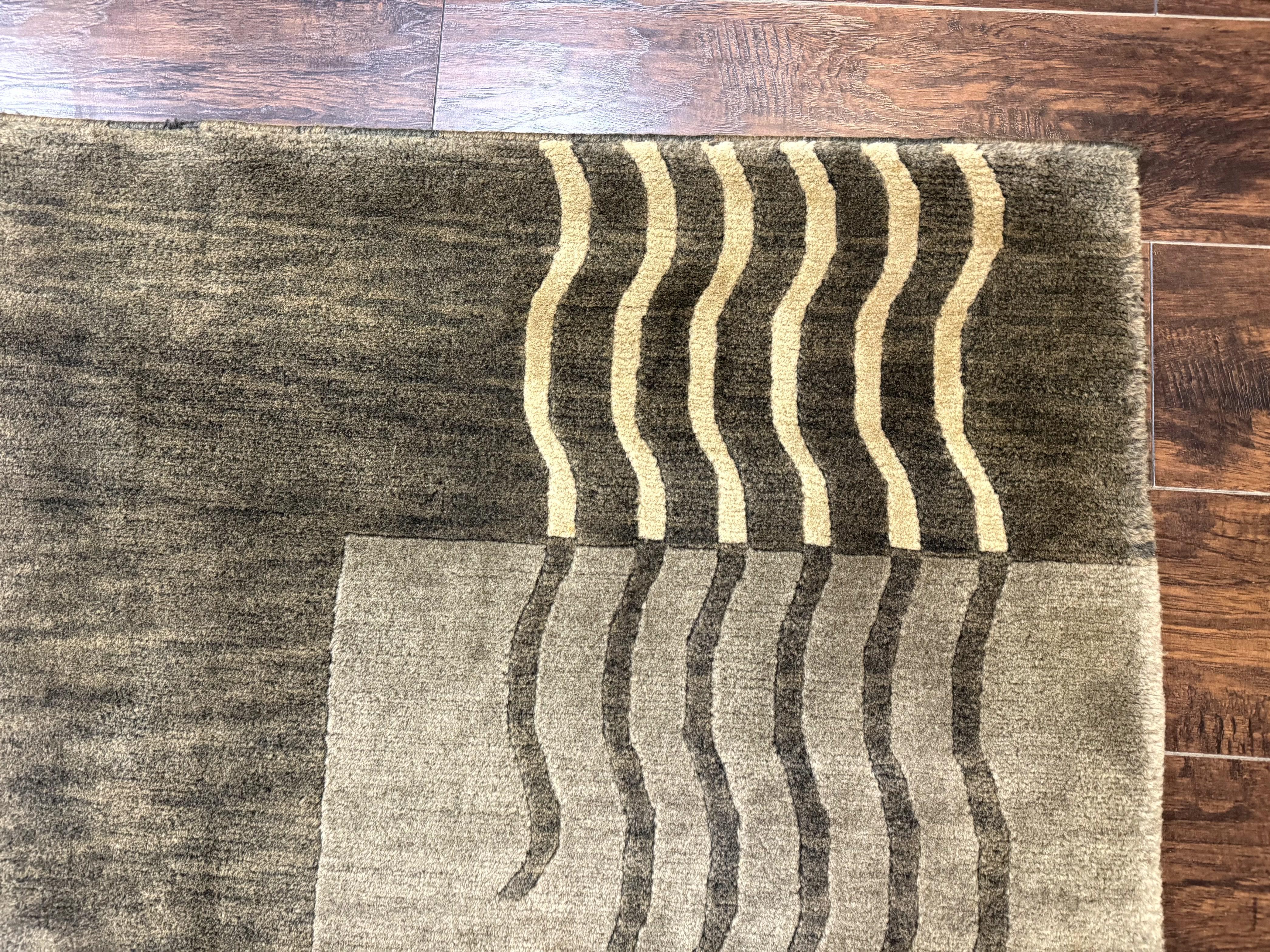 Modern Tibetan Wool Rug 3.6 x 5.6, Shades of Green, Abstract Design - Jewel Rugs