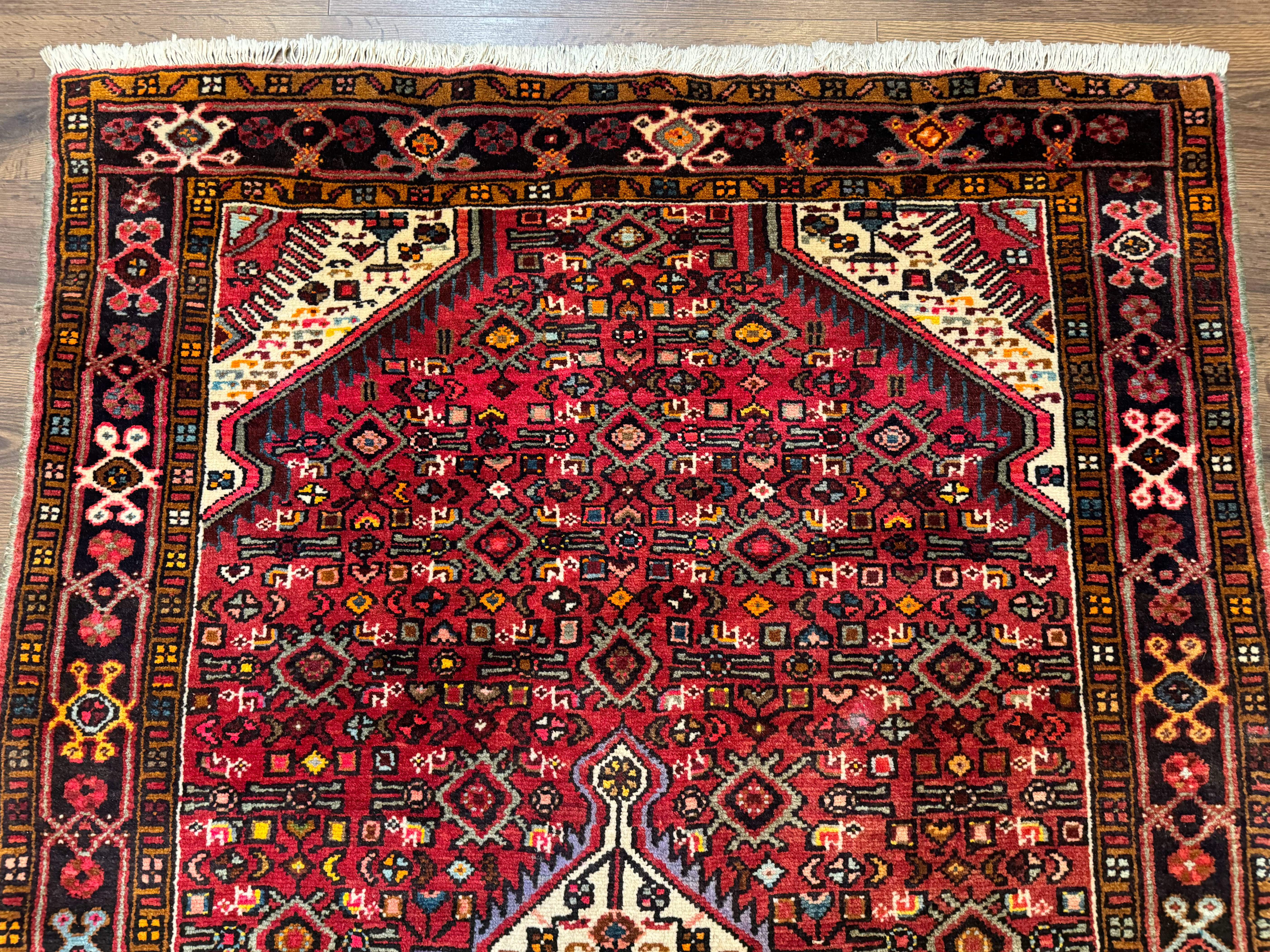 Persian Hamadan Rug 4x7, Tribal Village Malayer Carpet, Red and Ivory, Bohemian Antique - Jewel Rugs