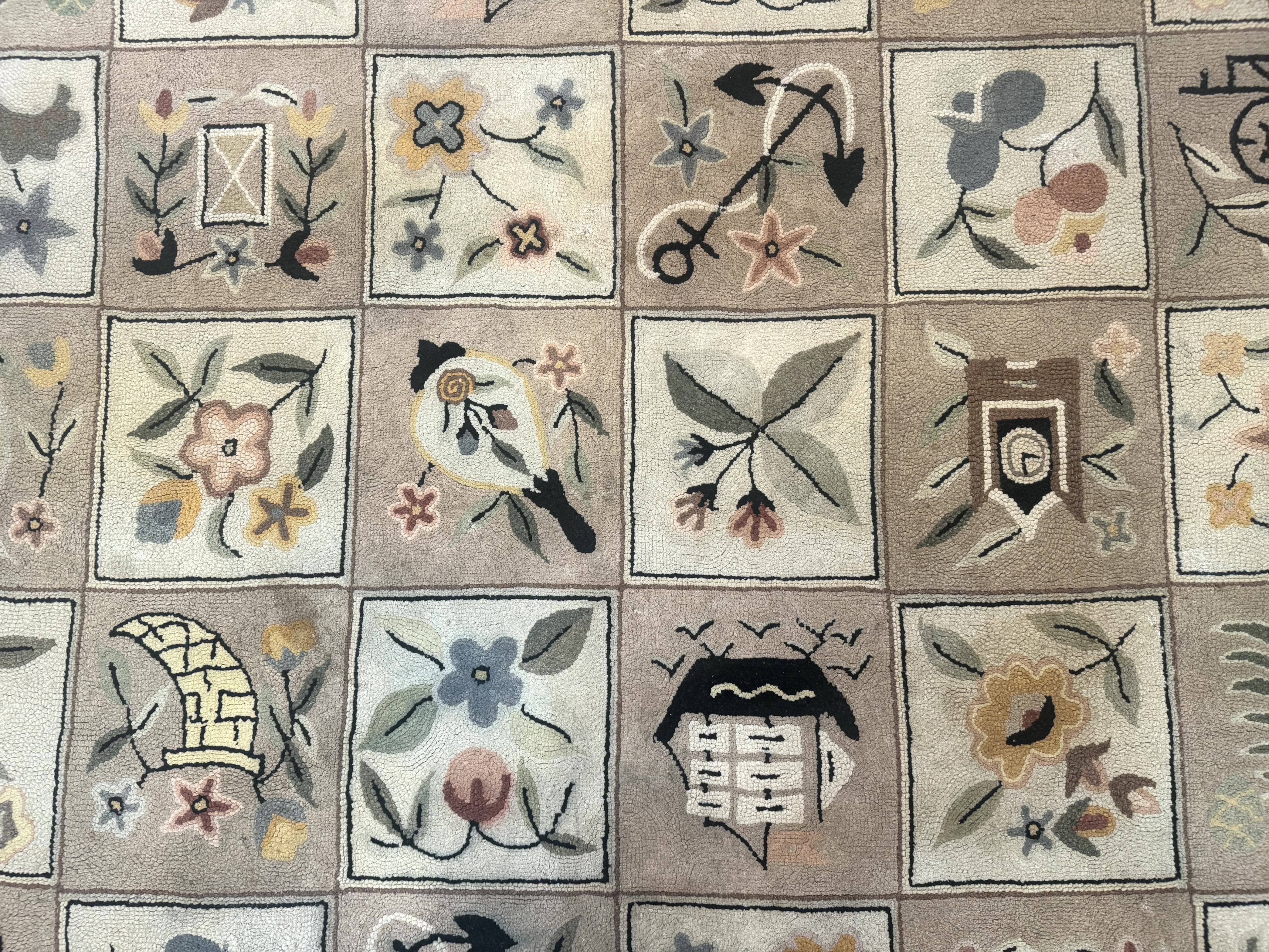 American Hooked Rug 6x9, Panel Design, Vintage, Ivory & Soft Pink - Jewel Rugs