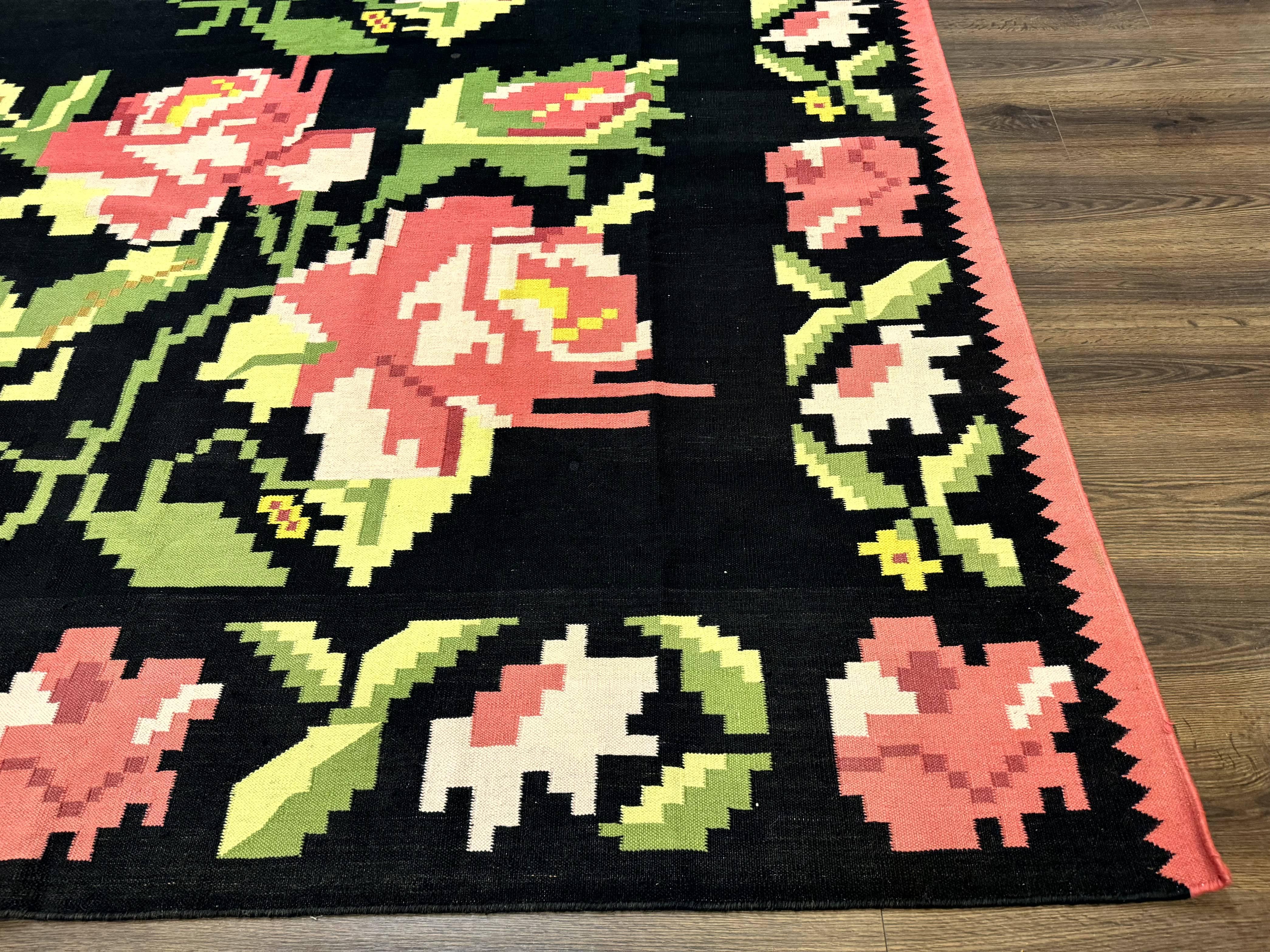Large Indian Dhurrie Rug 8x10, Black Pink Green, 8 x 10 Kilim Rug, Handmade, Wool, Floral - Jewel Rugs
