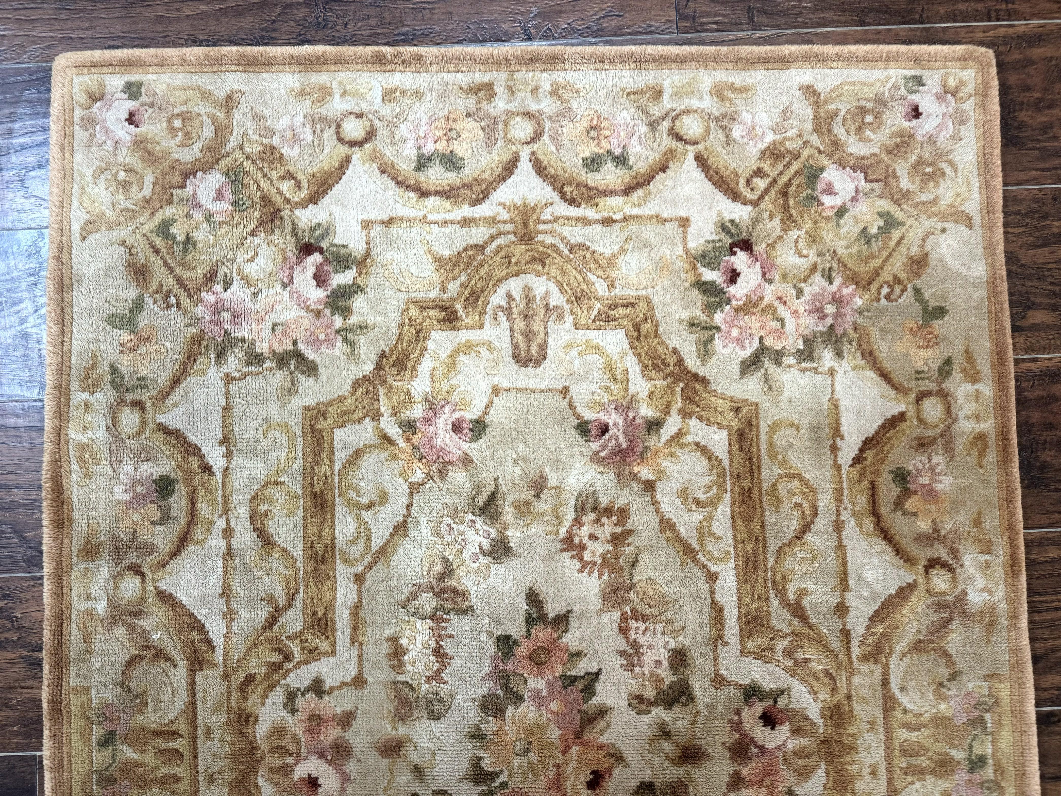 Chinese Aubusson Rug 3.6 x 5, Beige and Gold, Handmade Vintage Elegant European Design Carpet, Plush Wool, Handmade - Jewel Rugs
