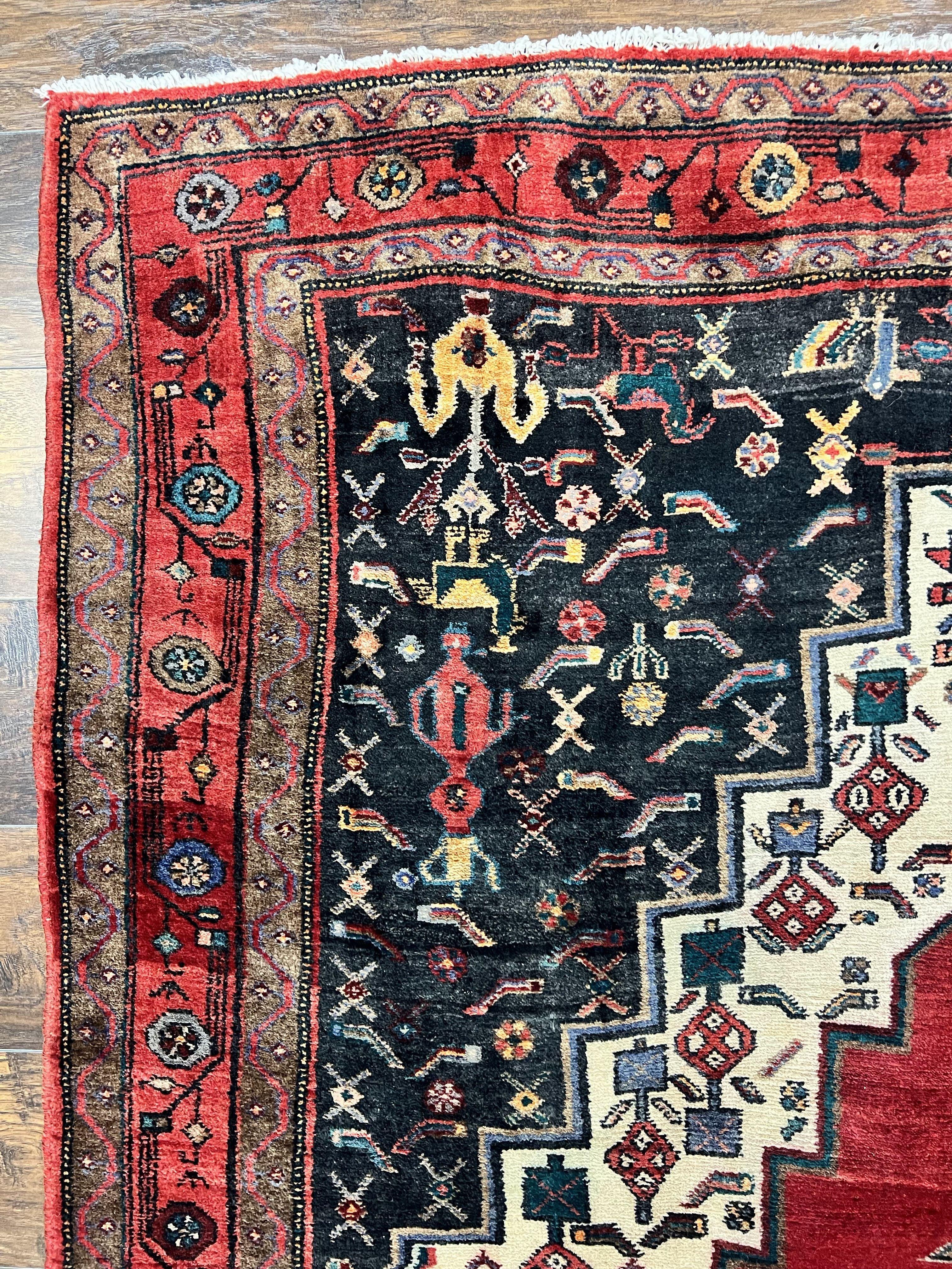 Persian Rug 5x12 ft, Red Cream Navy Blue, Pictorials, Hand Knotted Handmade Wide Runner Tribal Bidjar Semi Antique Wool Geometric Oriental Rug - Jewel Rugs