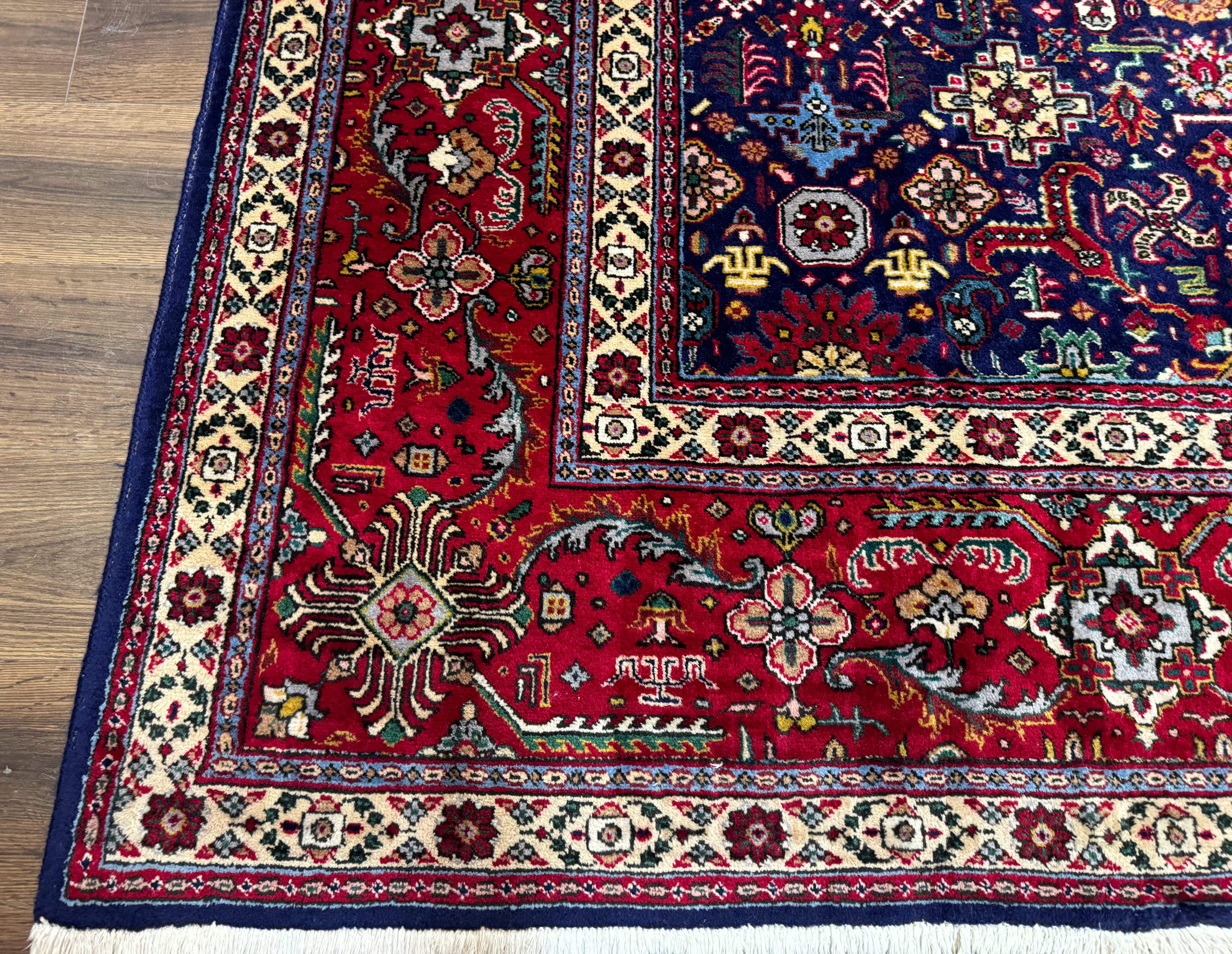 Large Persian Tabriz Rug 10x16, Navy Blue and Red, Allover Pattern, Vintage Hand Knotted Wool Carpet - Jewel Rugs